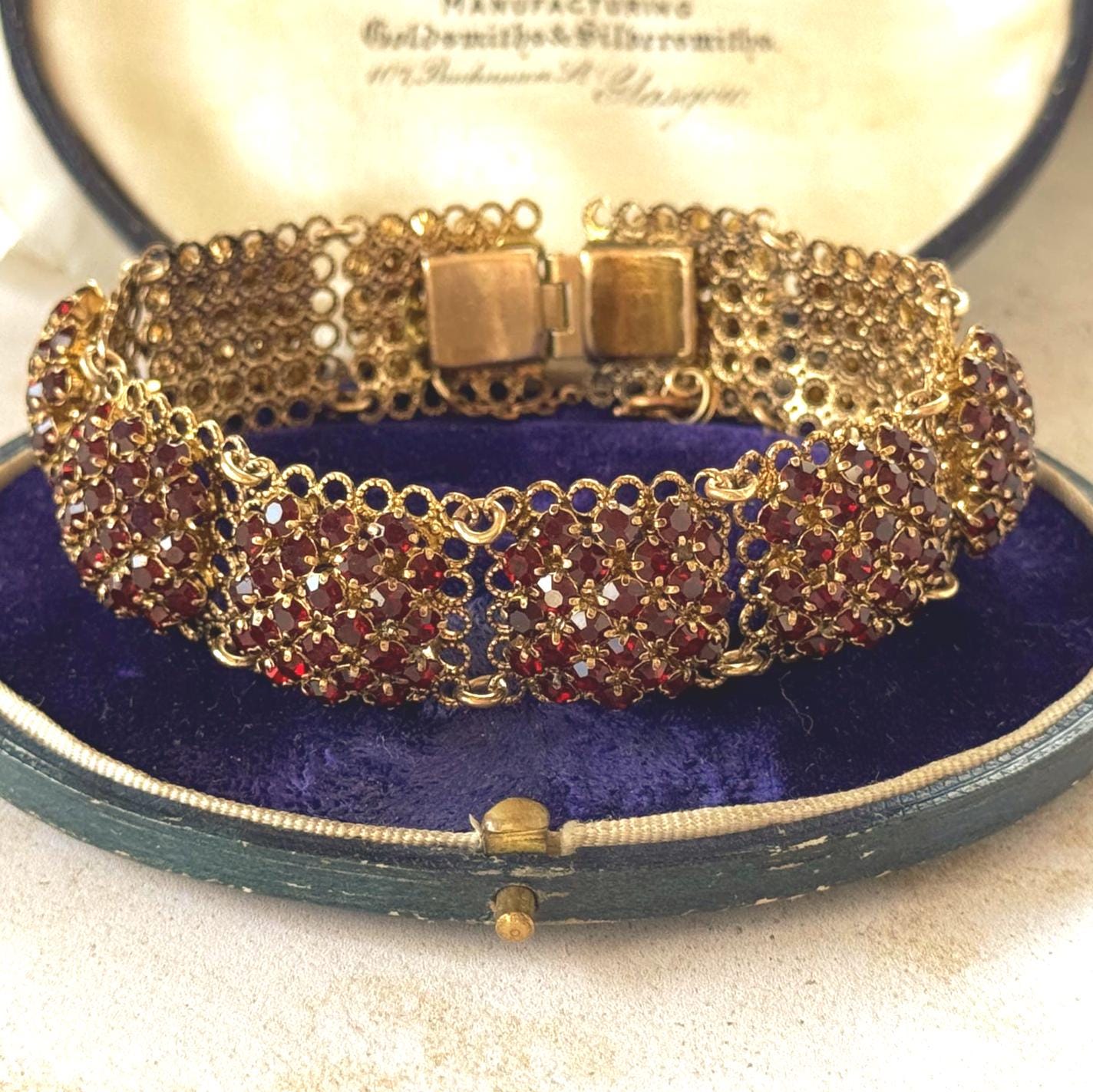 Vintage Art Deco Red Paste Garnet Rosette Panel Bracelet, Circa 1930