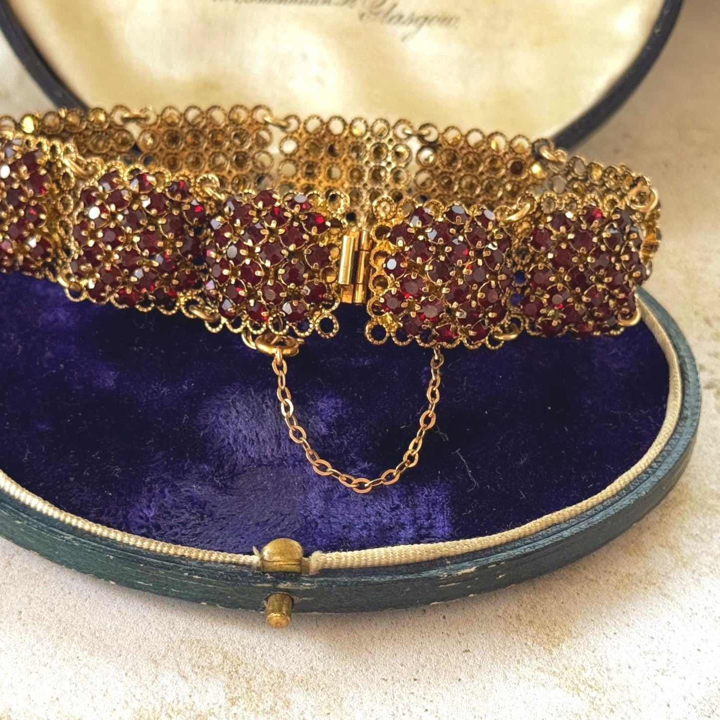 Vintage Art Deco Red Paste Garnet Rosette Panel Bracelet, Circa 1930