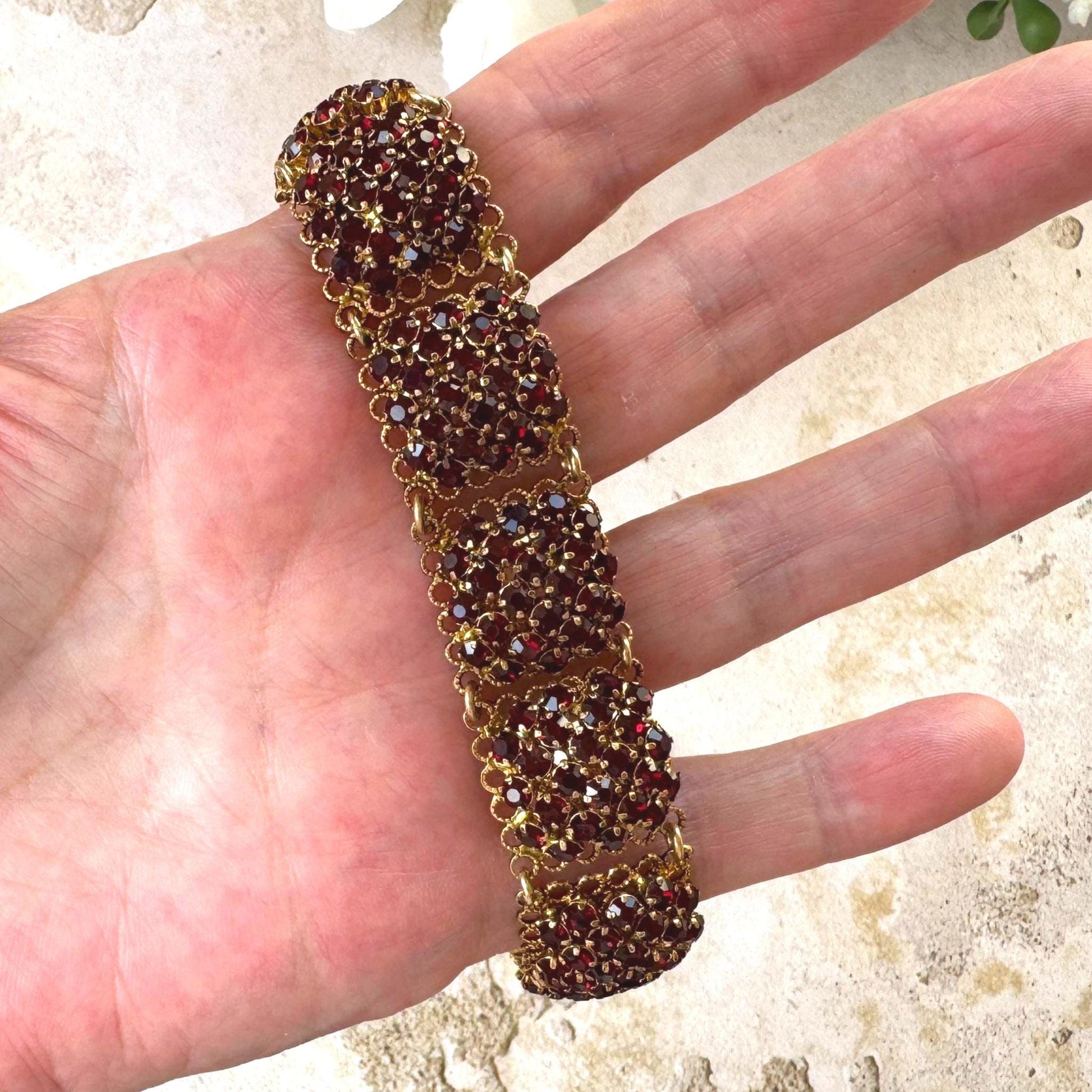 Vintage Art Deco Red Paste Garnet Rosette Panel Bracelet, Circa 1930