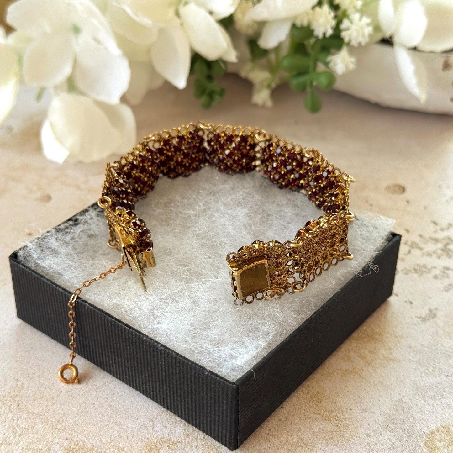 Vintage Art Deco Red Paste Garnet Rosette Panel Bracelet, Circa 1930