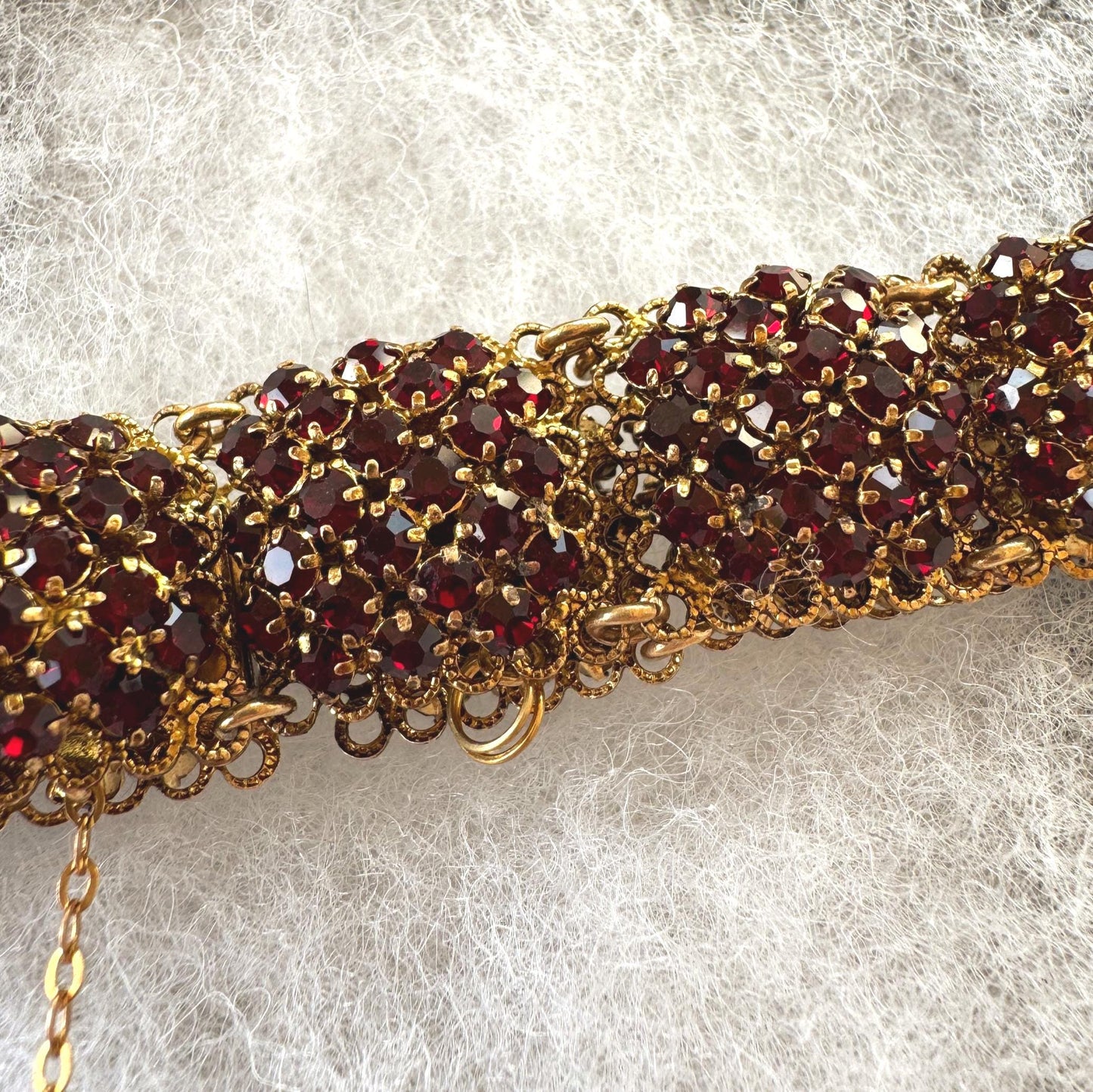 Vintage Art Deco Red Paste Garnet Rosette Panel Bracelet, Circa 1930