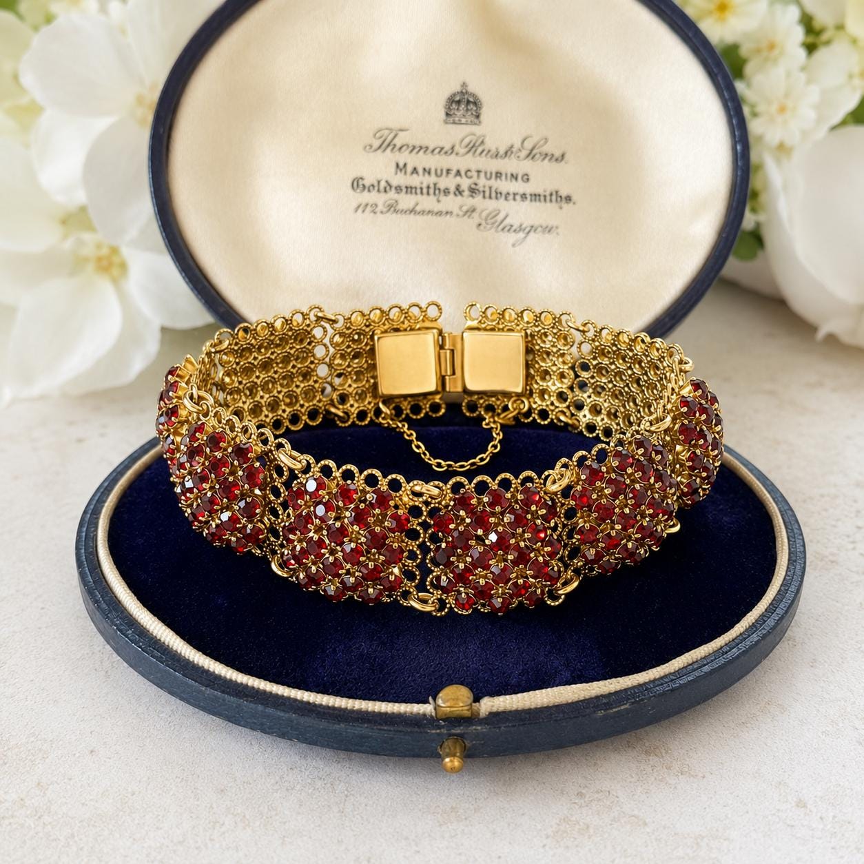 Vintage Art Deco Red Paste Garnet Rosette Panel Bracelet, Circa 1930