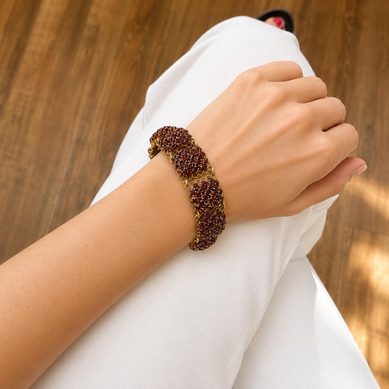 Vintage Art Deco Red Paste Garnet Rosette Panel Bracelet, Circa 1930