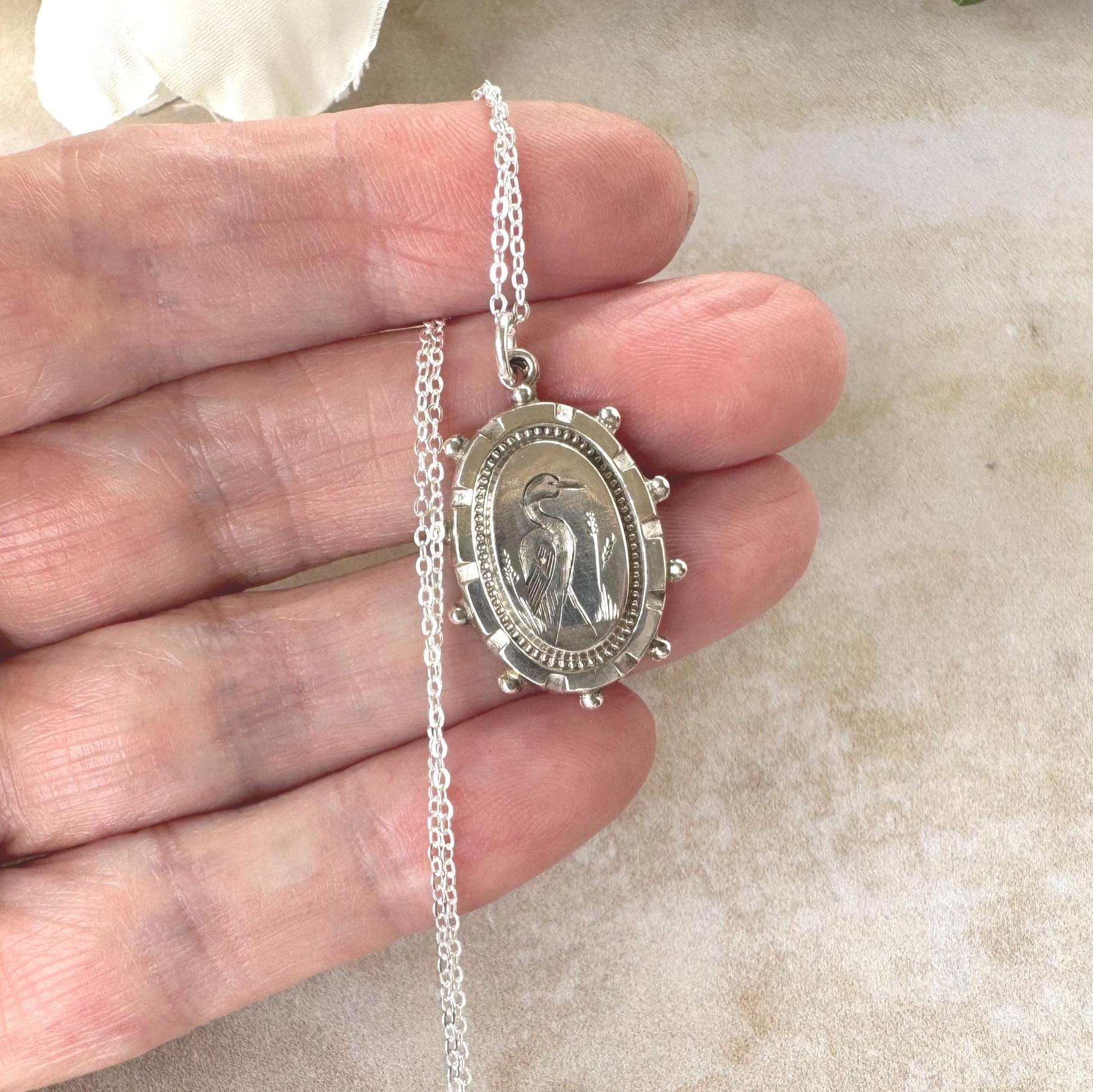 Antique Victorian Crane Pendant | Sterling Silver Aesthetic Japonesque Bird Necklace c1880