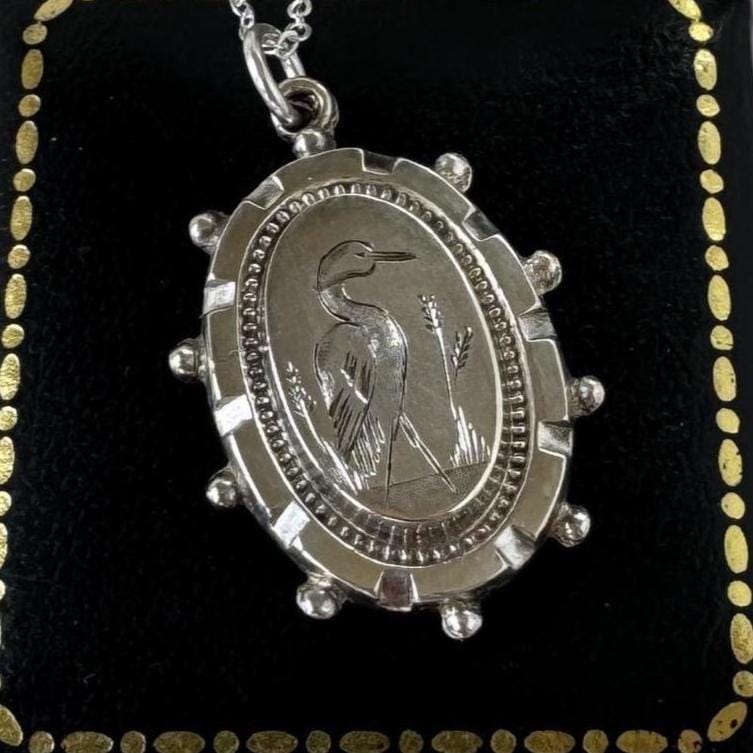 Antique Victorian Crane Pendant | Sterling Silver Aesthetic Japonesque Bird Necklace c1880