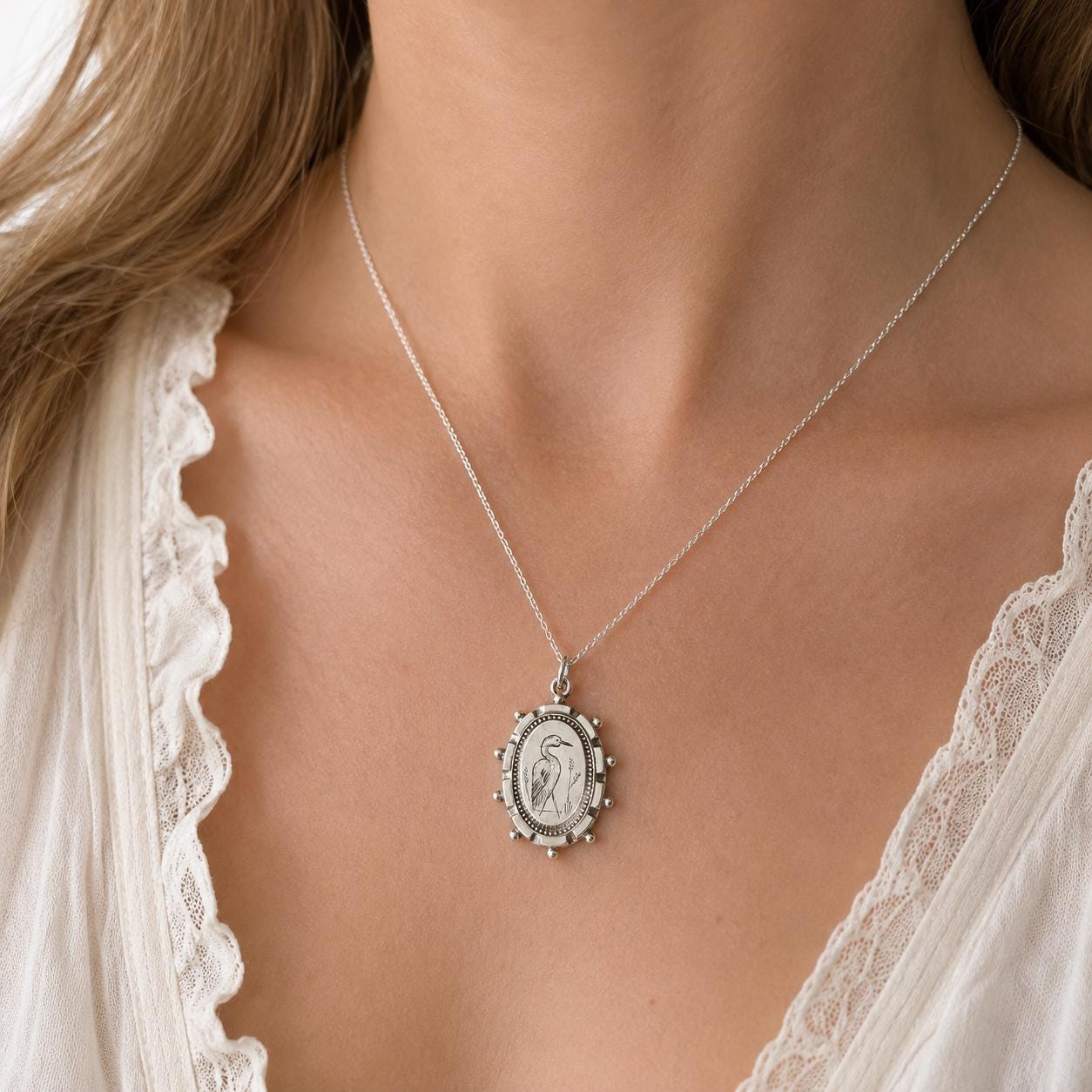 Antique Victorian Crane Pendant | Sterling Silver Aesthetic Japonesque Bird Necklace c1880