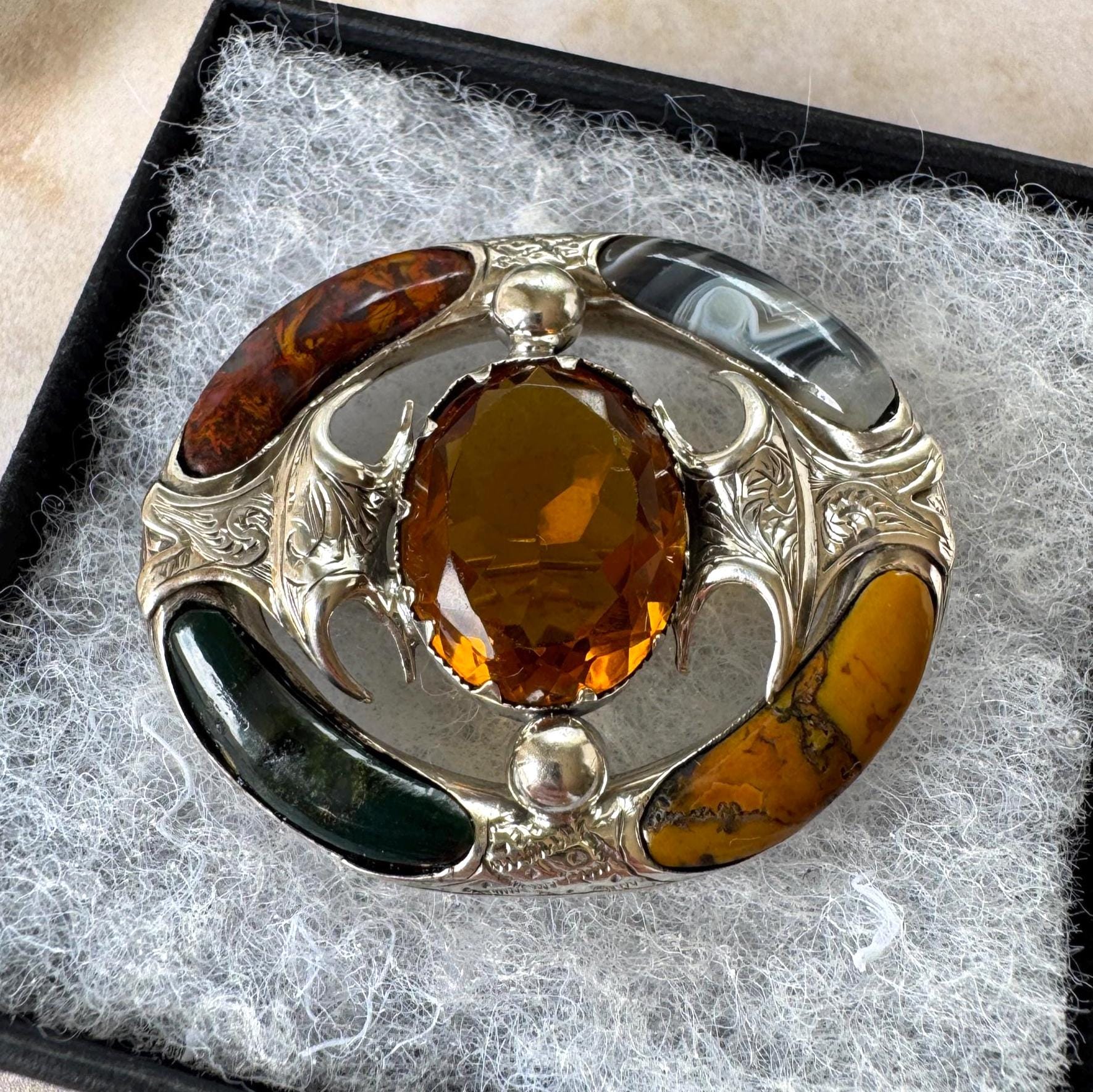 Antique Victorian Scottish Agate Cairngorm Brooch: Gothic Revival Sterling Silver Pebble Jewellery
