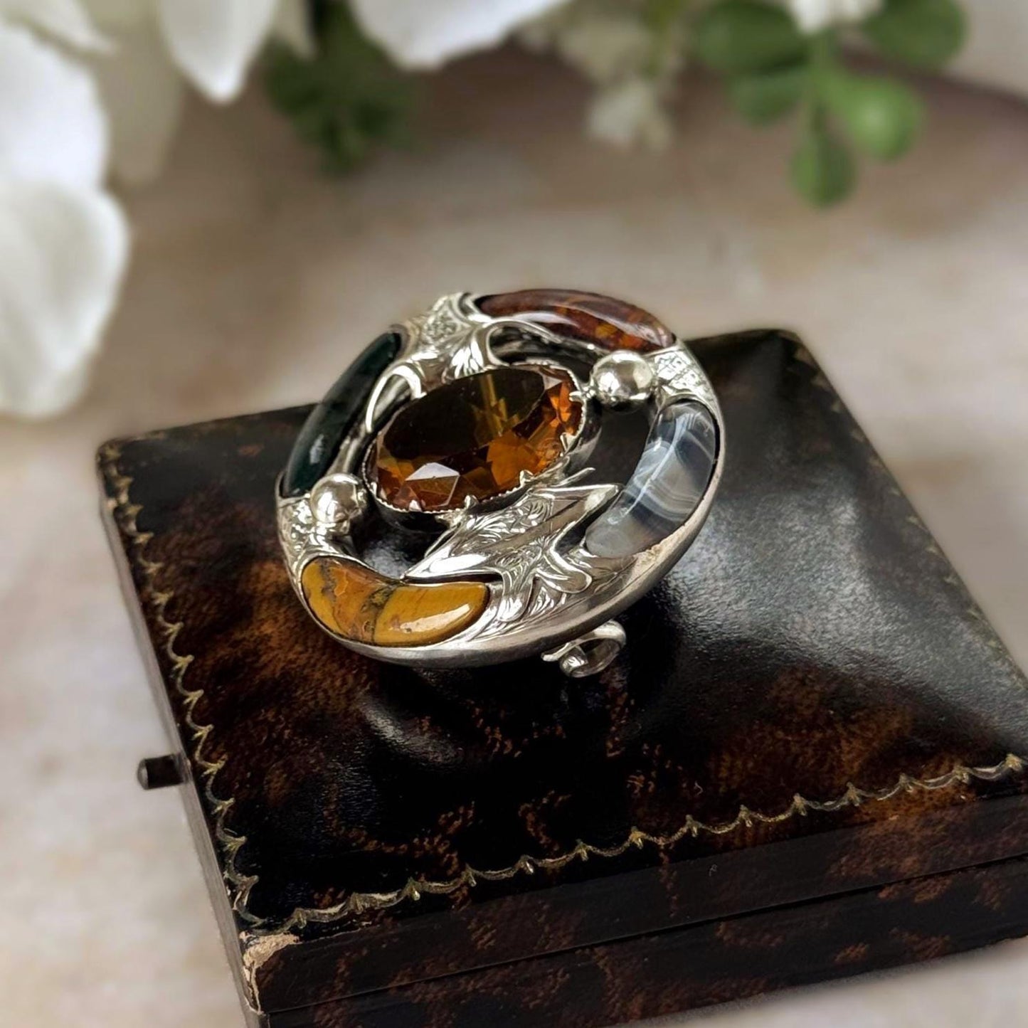 Antique Victorian Scottish Agate Cairngorm Brooch: Gothic Revival Sterling Silver Pebble Jewellery