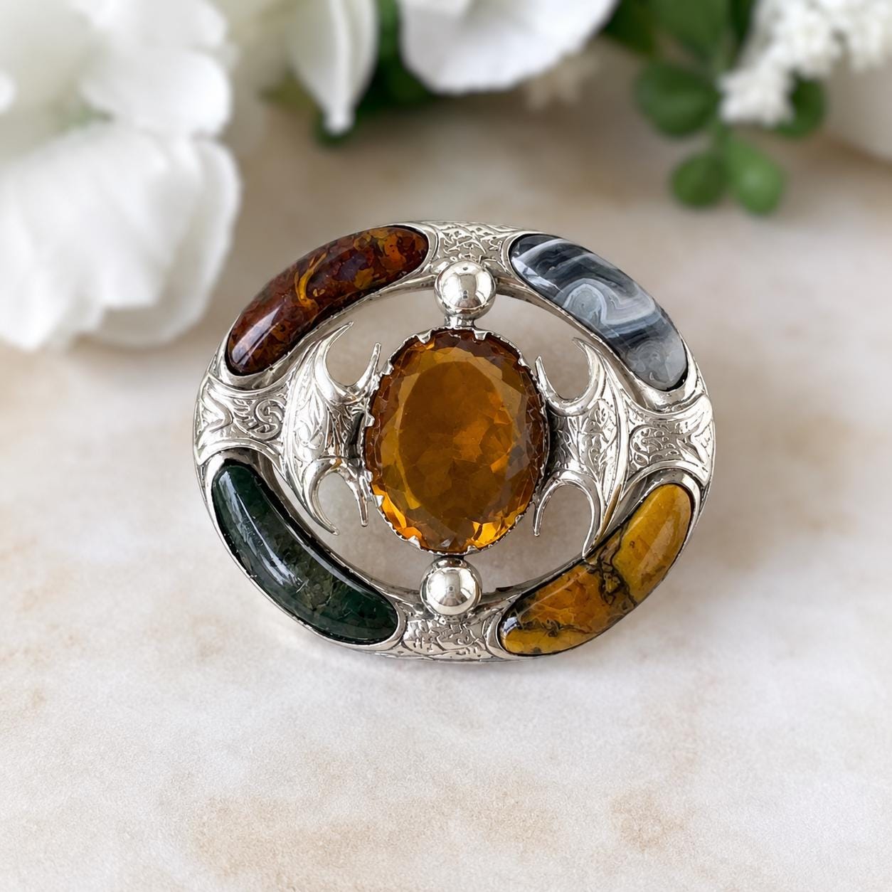 Antique Victorian Scottish Agate Cairngorm Brooch: Gothic Revival Sterling Silver Pebble Jewellery