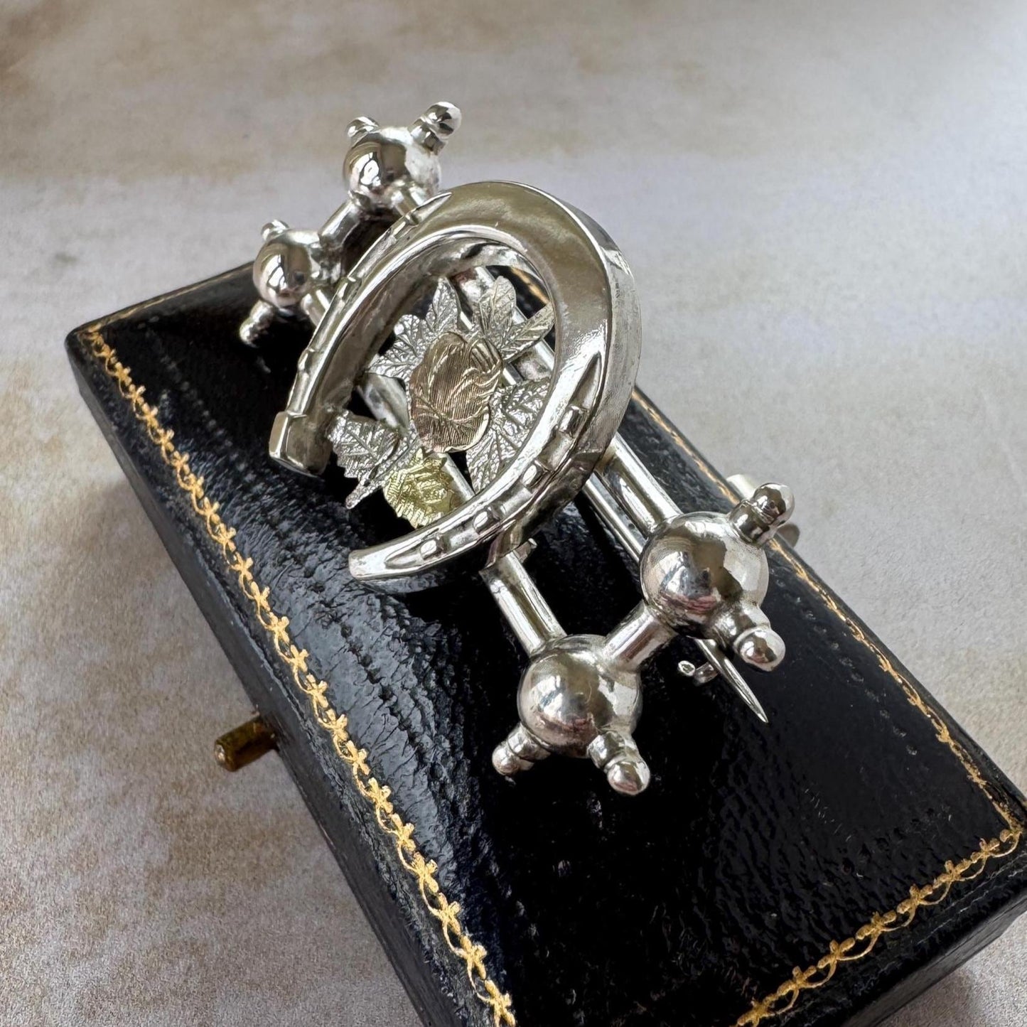 Antique Victorian Sweetheart Horseshoe Brooch | Sterling Silver & Gold Equestrian Lapel Pin