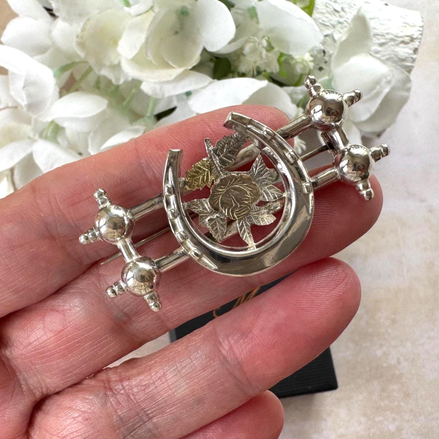 Antique Victorian Sweetheart Horseshoe Brooch | Sterling Silver & Gold Equestrian Lapel Pin