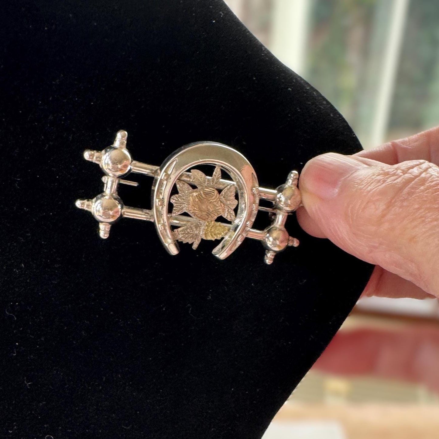 Antique Victorian Sweetheart Horseshoe Brooch | Sterling Silver & Gold Equestrian Lapel Pin