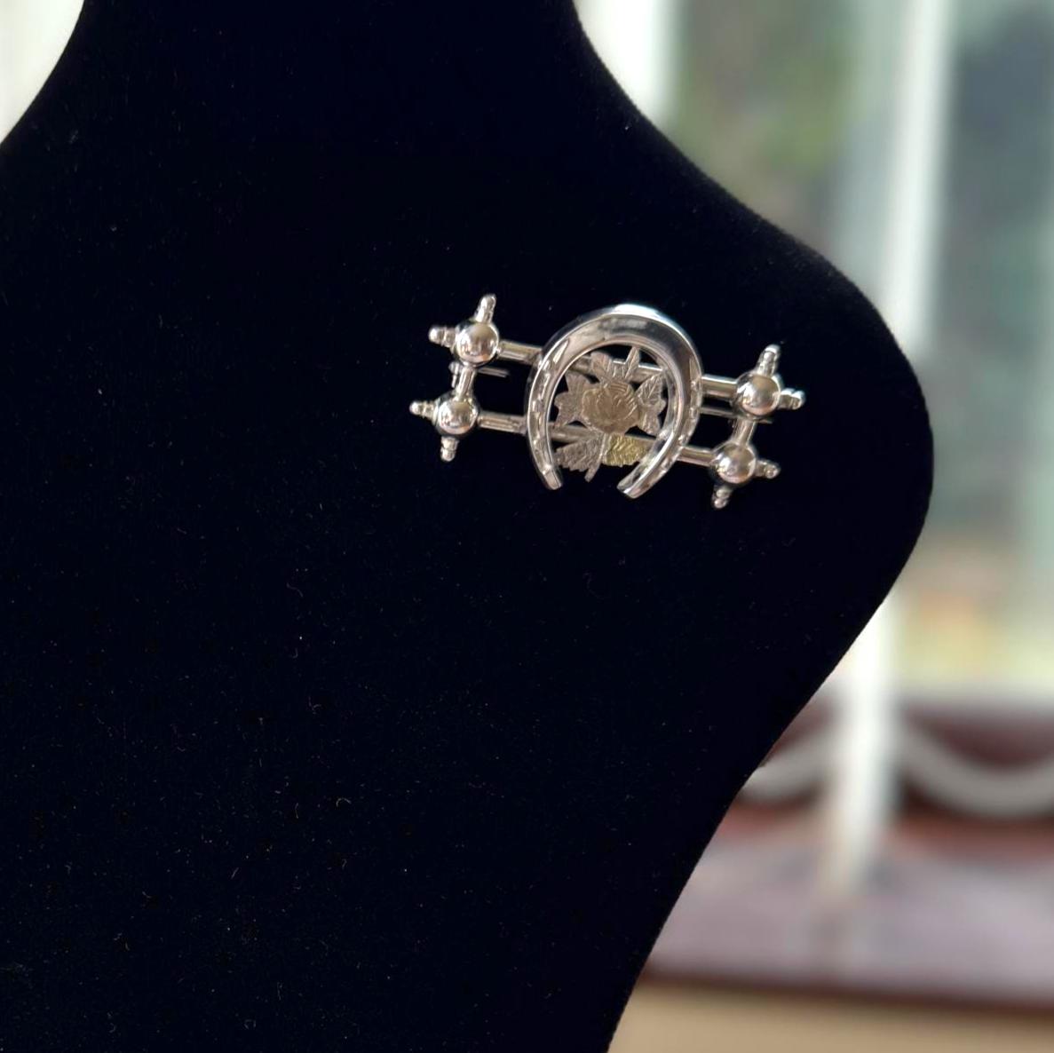 Antique Victorian Sweetheart Horseshoe Brooch | Sterling Silver & Gold Equestrian Lapel Pin
