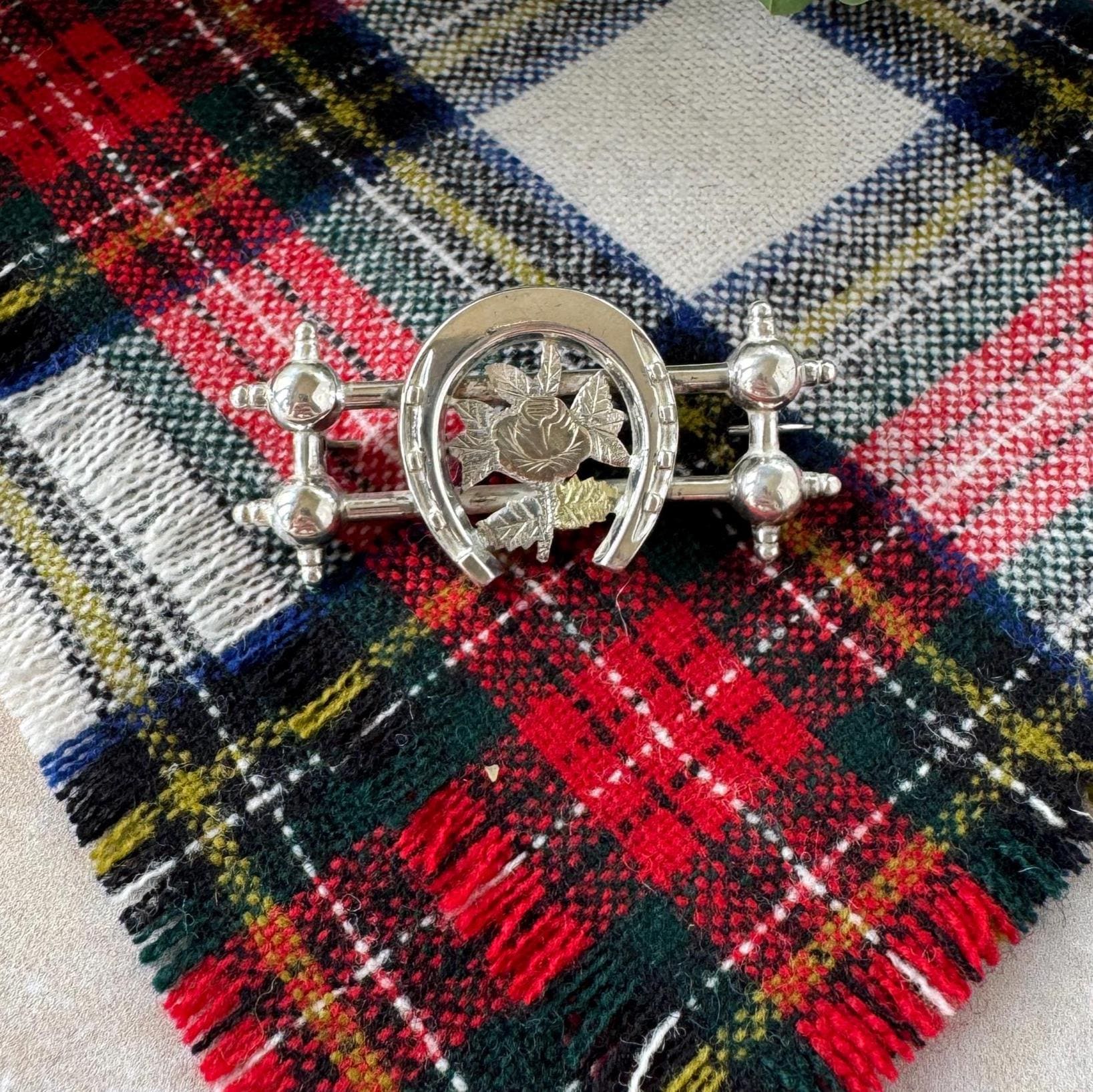 Antique Victorian Sweetheart Horseshoe Brooch | Sterling Silver & Gold Equestrian Lapel Pin