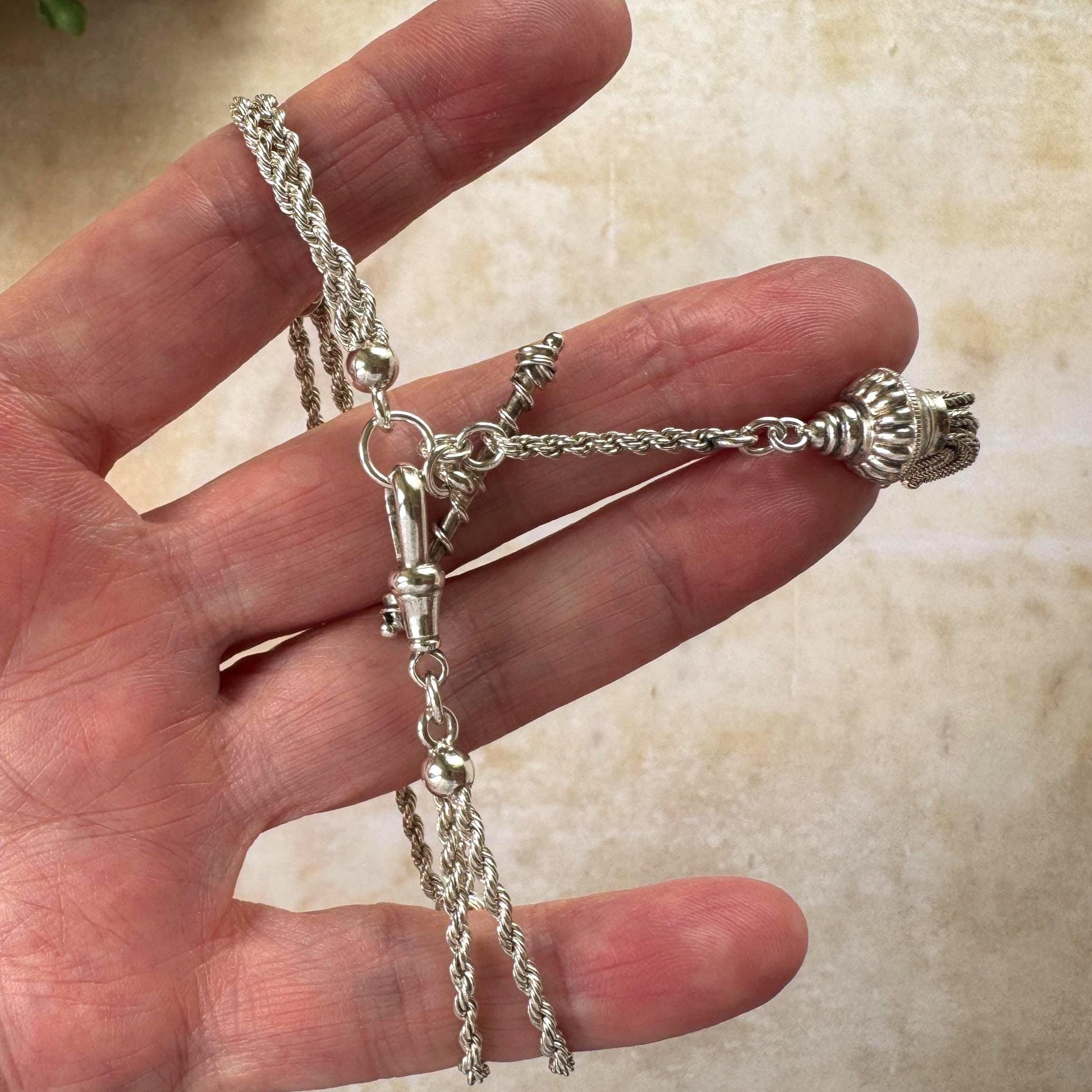 Antique Victorian Sterling Silver & Gold Albertina Tassel Watch Chain Bracelet
