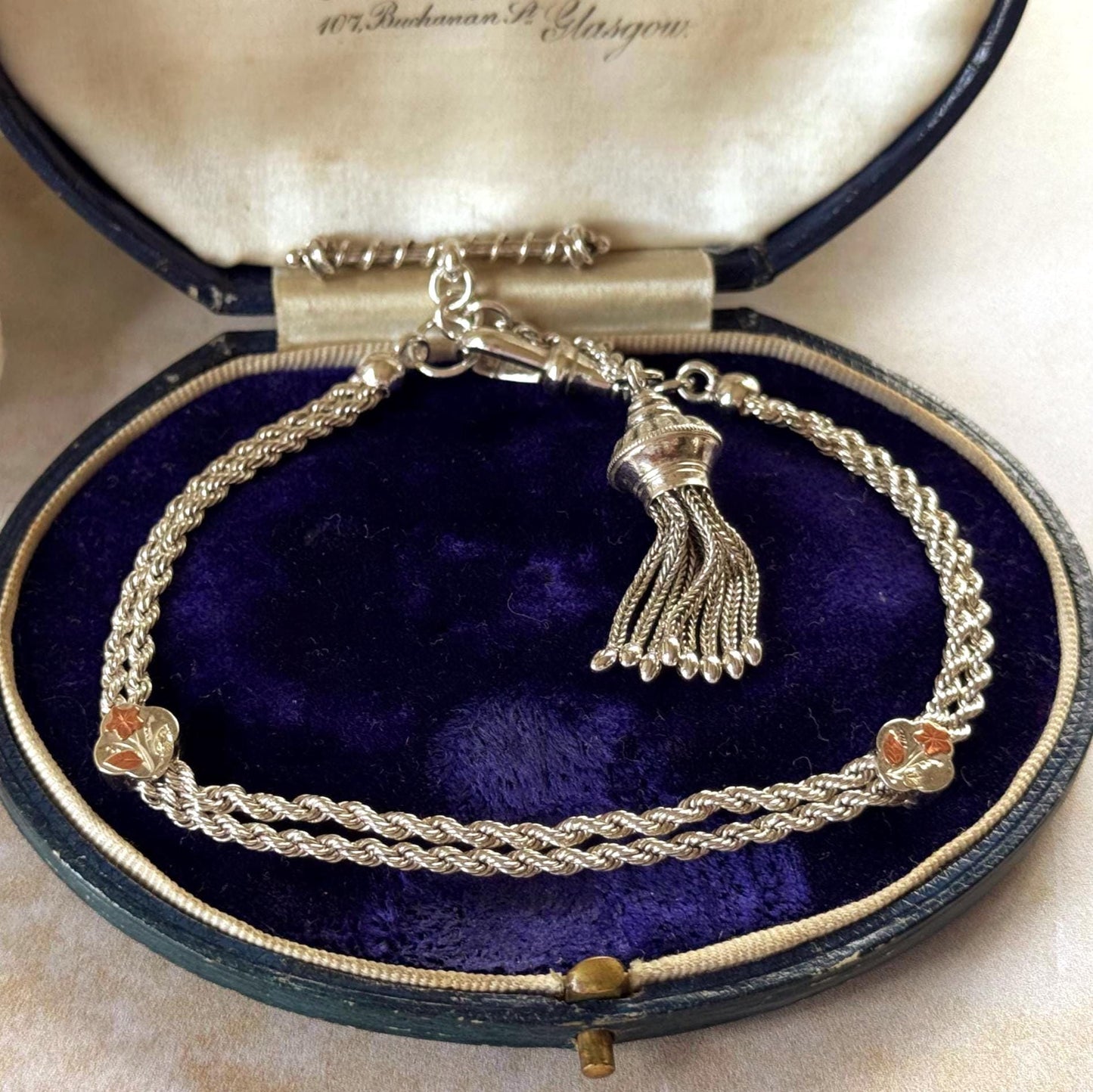 Antique Victorian Sterling Silver & Gold Albertina Tassel Watch Chain Bracelet