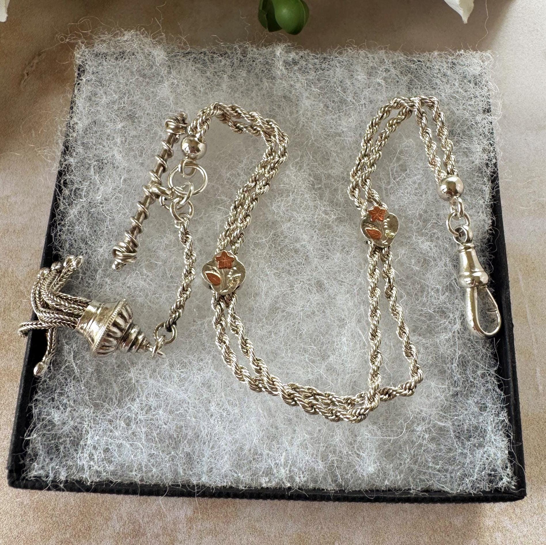 Antique Victorian Sterling Silver & Gold Albertina Tassel Watch Chain Bracelet