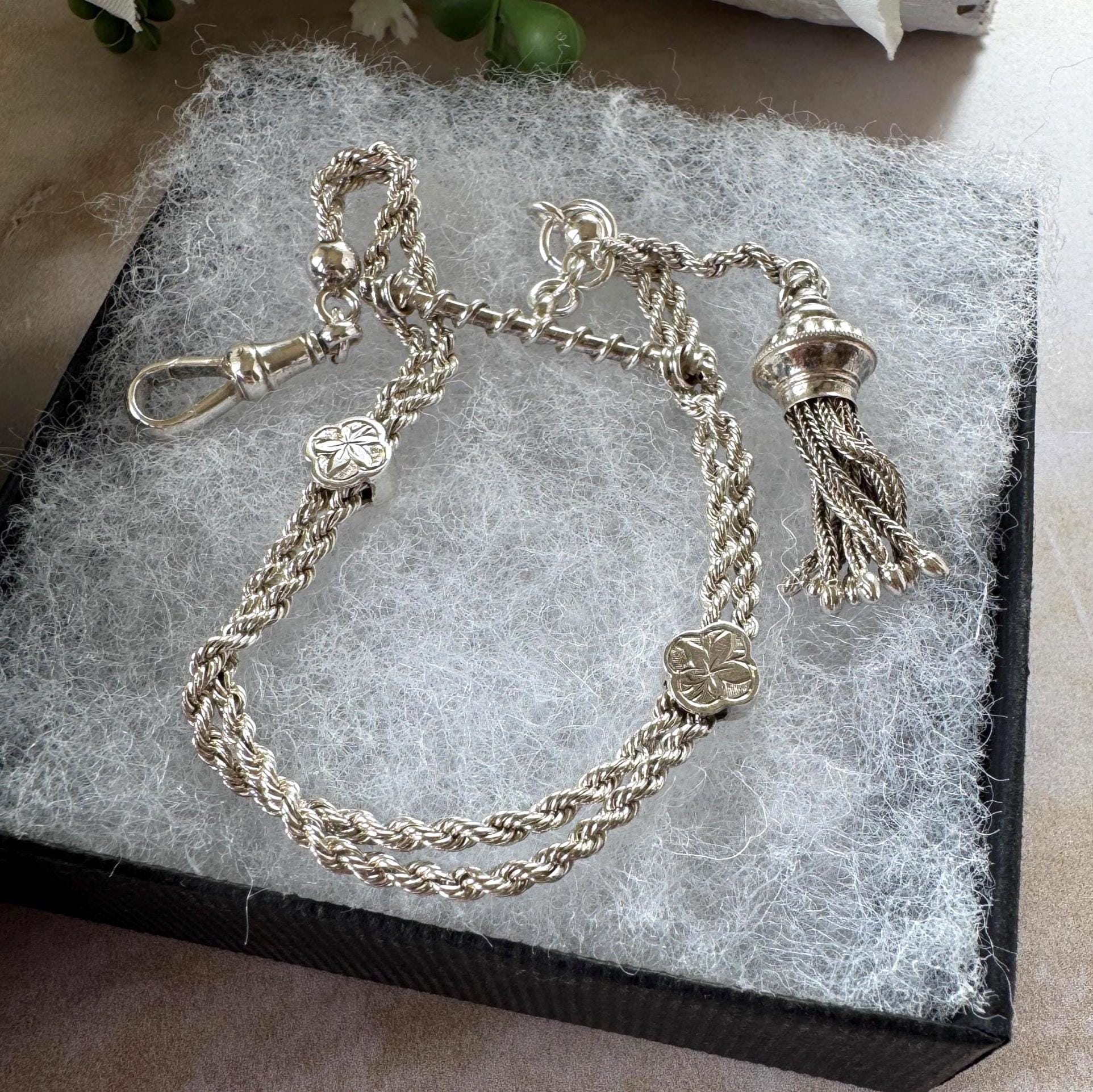 Antique Victorian Sterling Silver & Gold Albertina Tassel Watch Chain Bracelet