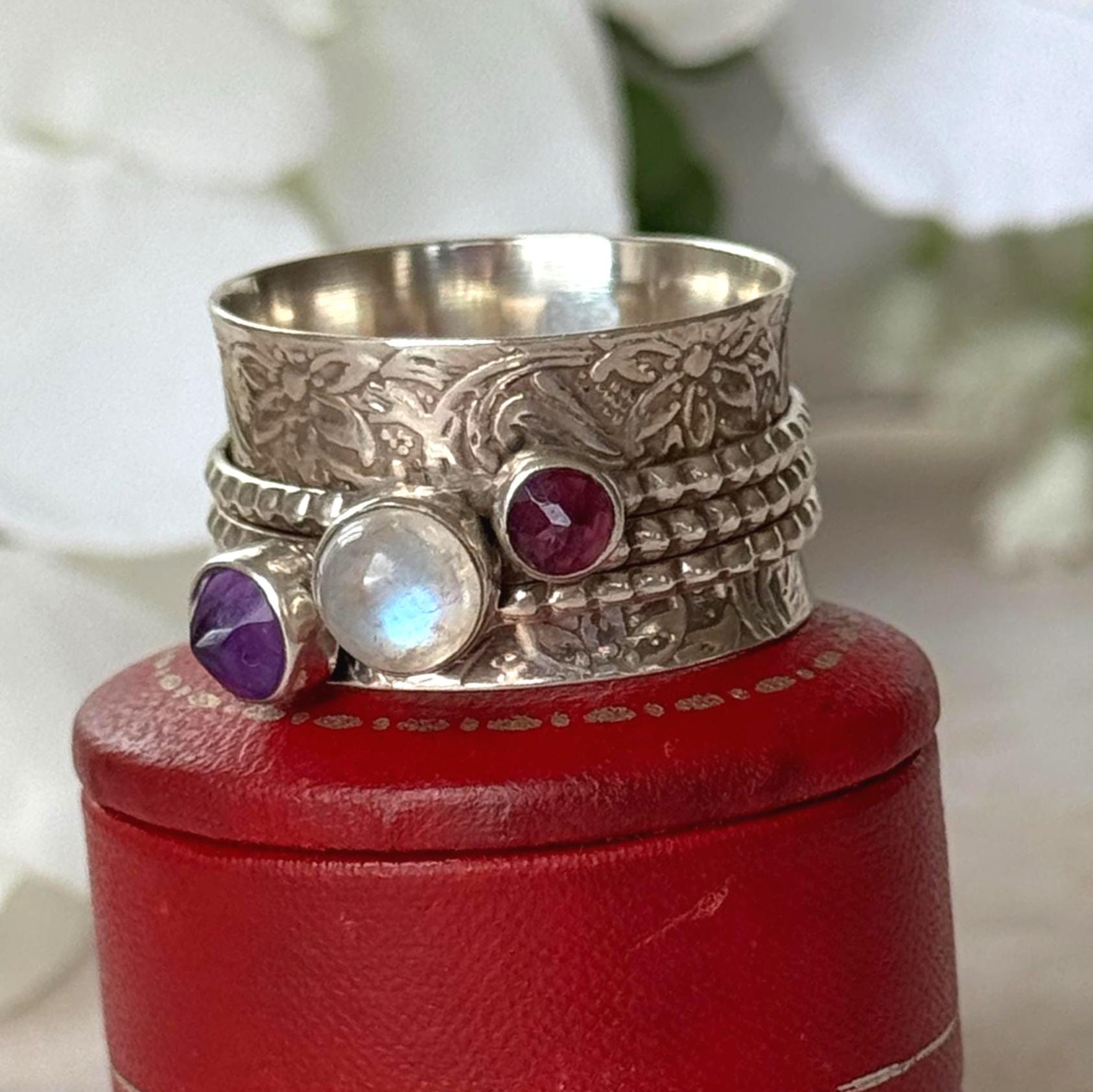 Vintage Italian Sterling Silver Spinner Ring | Moonstone Amethyst Pink Tourmaline Thumb Ring