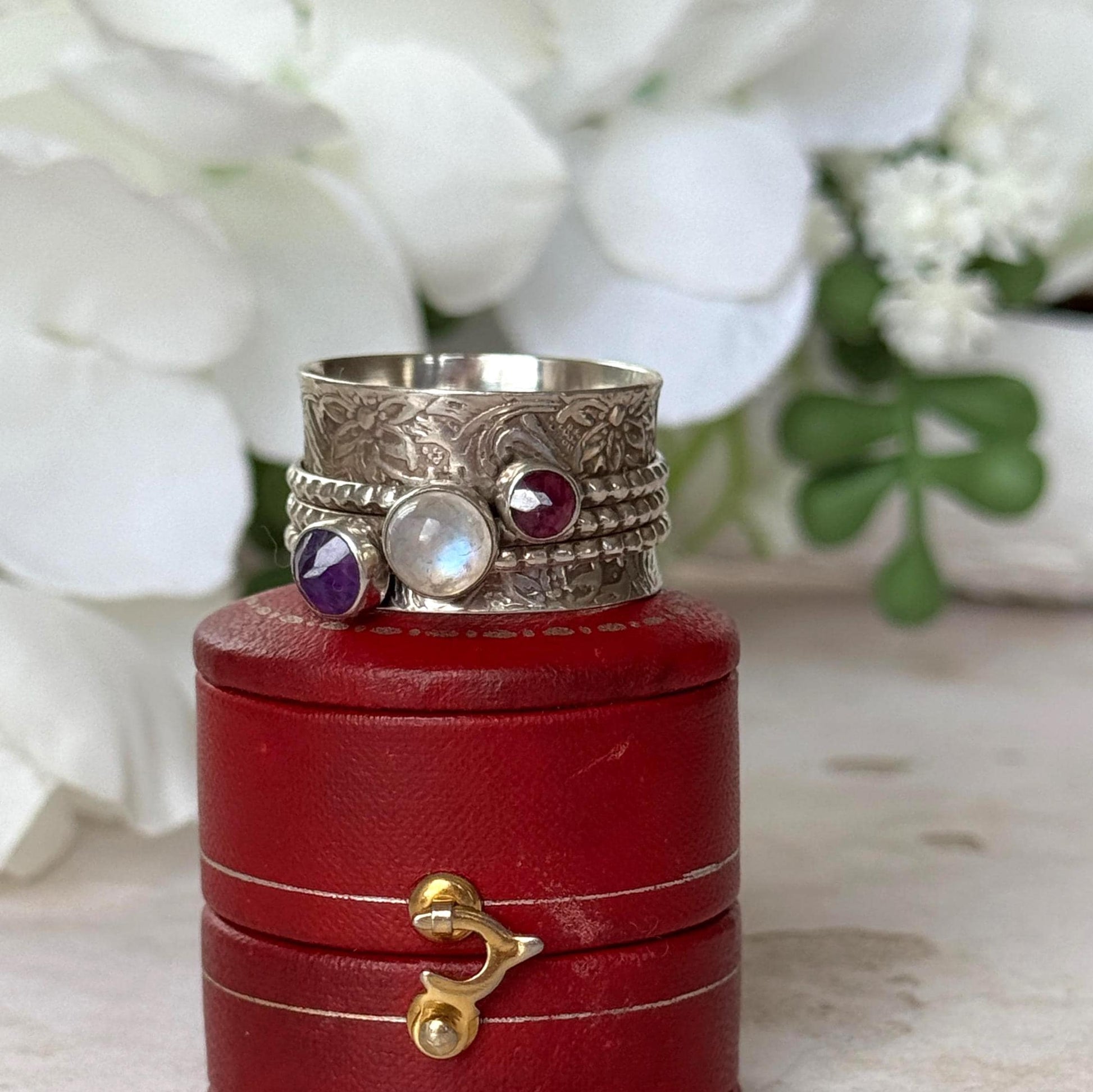 Vintage Italian Sterling Silver Spinner Ring | Moonstone Amethyst Pink Tourmaline Thumb Ring