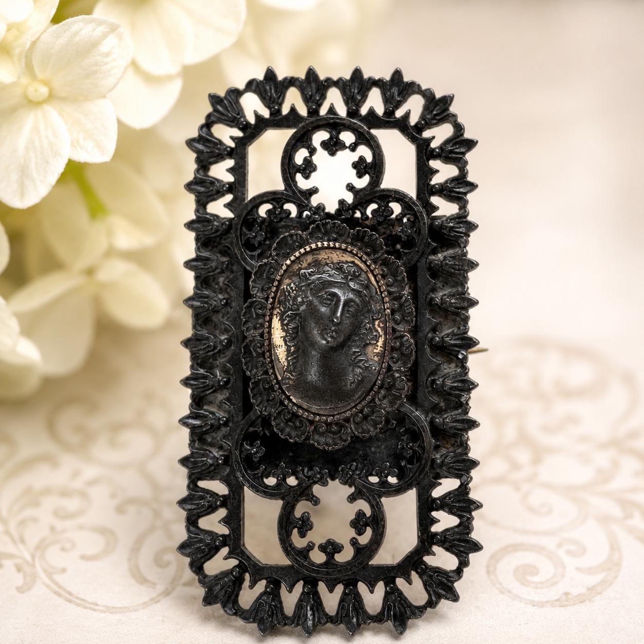 Antique Georgian Large Berlin Ironwork Neoclassical Brooch, Circa 1790