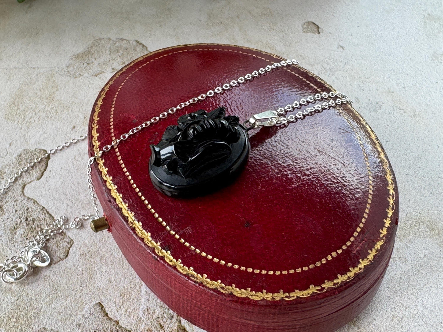 Antique Victorian Whitby Jet Hand Pendant | Deeply Carved Floral Hat, c.1880