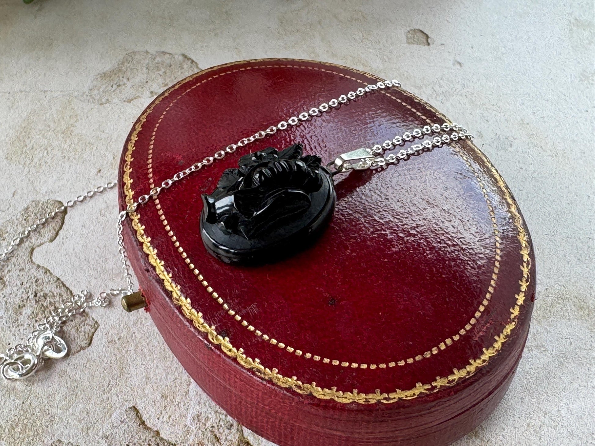 Antique Victorian Whitby Jet Hand Pendant | Deeply Carved Floral Hat, c.1880