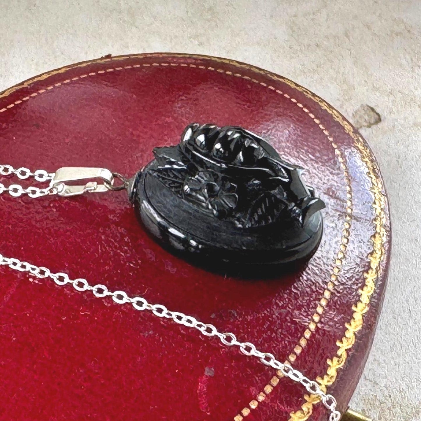 Antique Victorian Whitby Jet Hand Pendant | Deeply Carved Floral Hat, c.1880