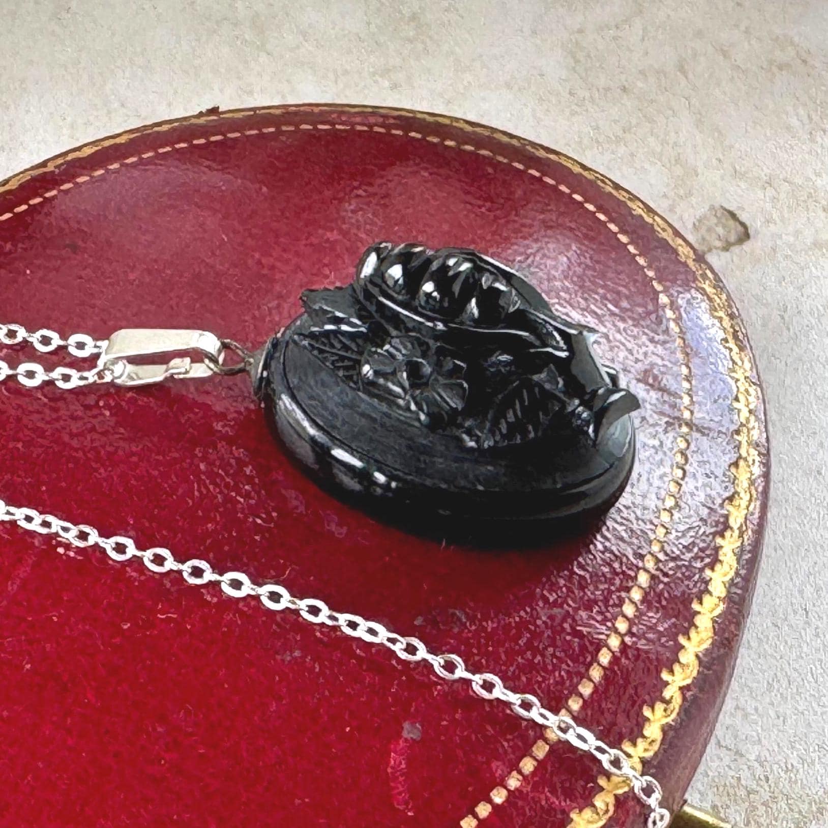Antique Victorian Whitby Jet Hand Pendant | Deeply Carved Floral Hat, c.1880