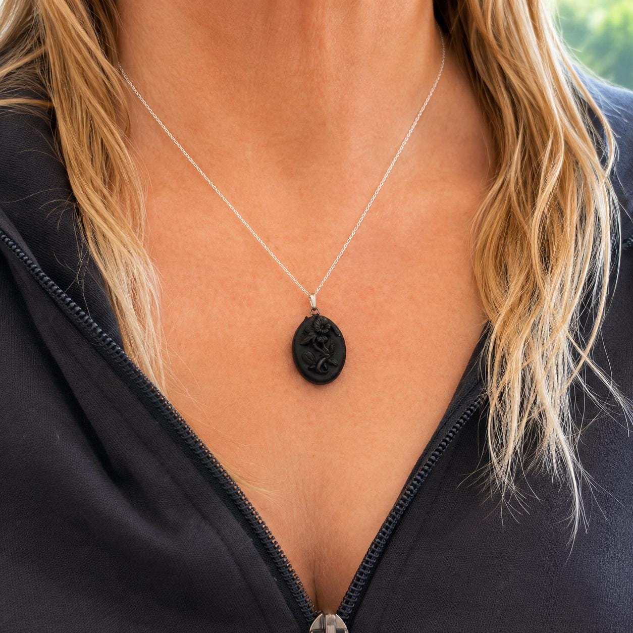 Antique Victorian Whitby Jet Hand Pendant | Deeply Carved Floral Hat, c.1880