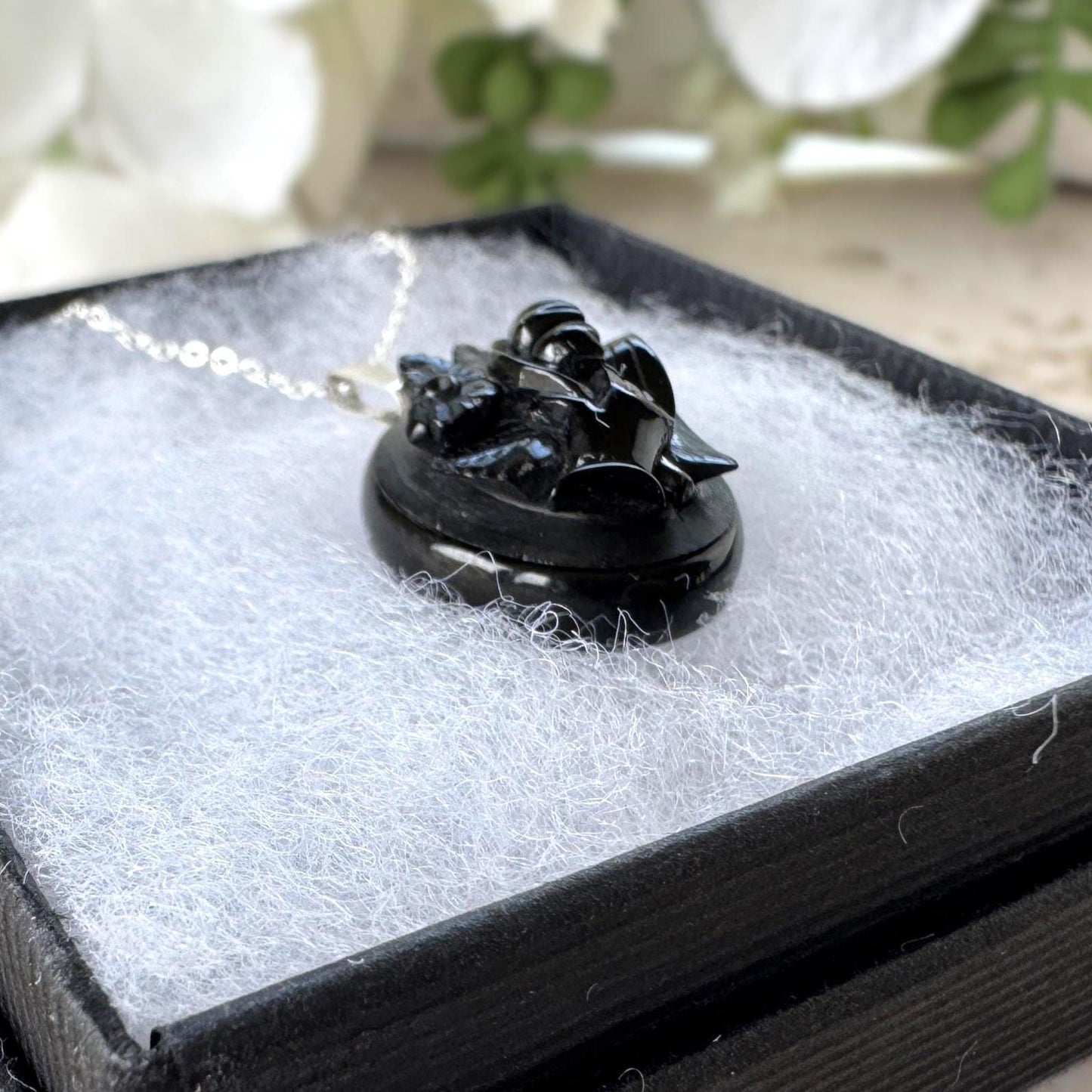 Antique Victorian Whitby Jet Hand Pendant | Deeply Carved Floral Hat, c.1880