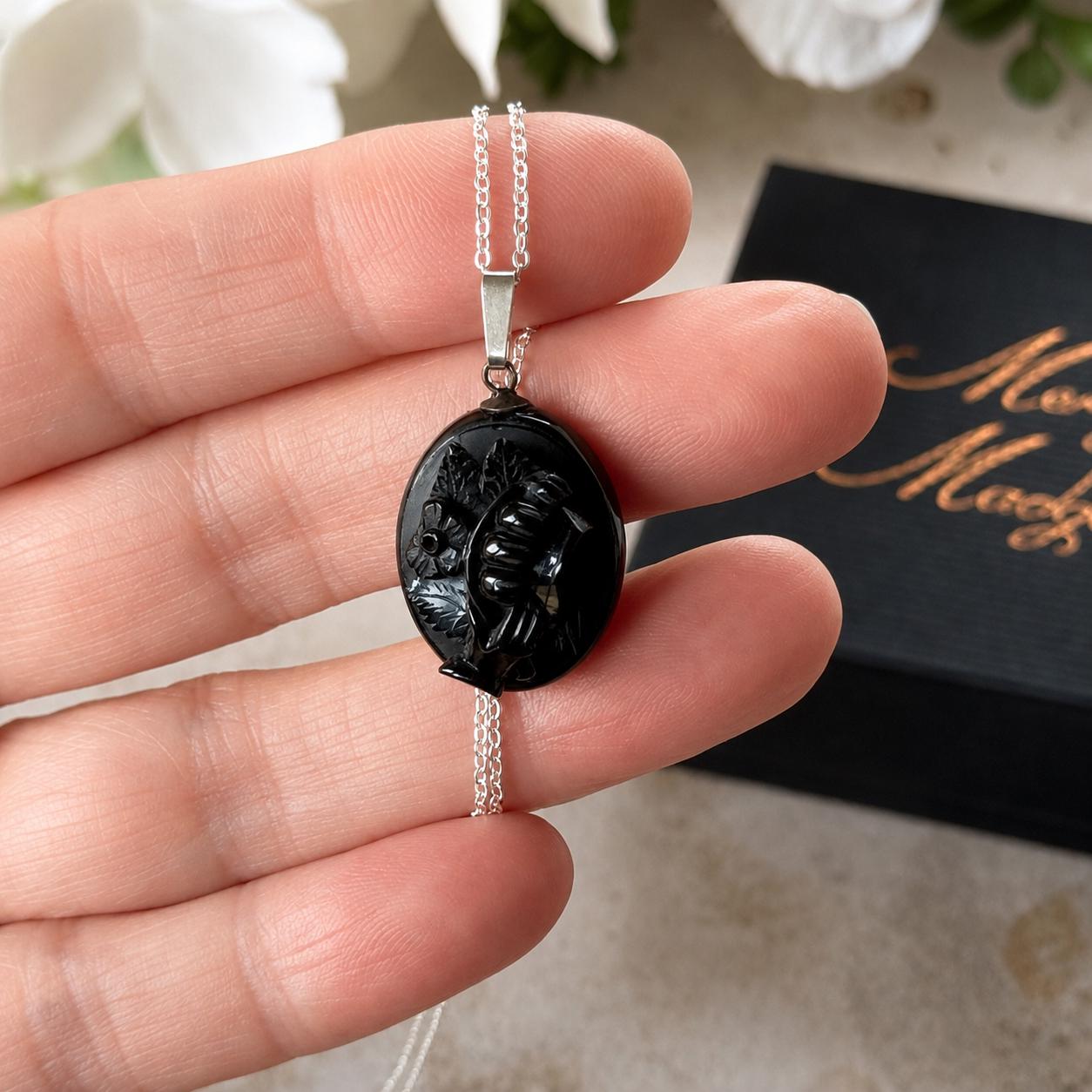 Antique Victorian Whitby Jet Hand Pendant | Deeply Carved Floral Hat, c.1880