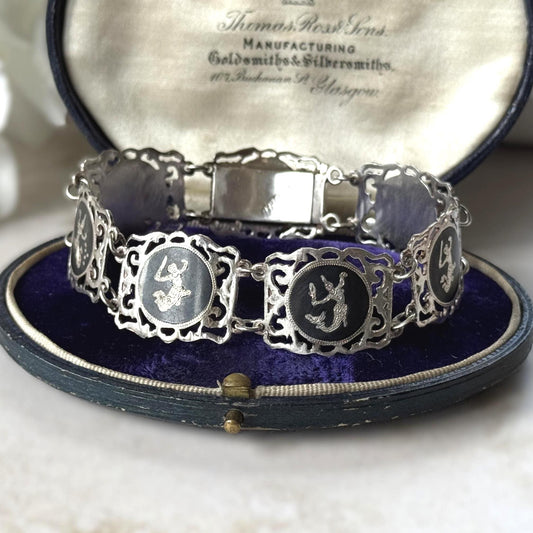 Vintage Siam Sterling Silver Nielloware Panel Bracelet Circa 1940