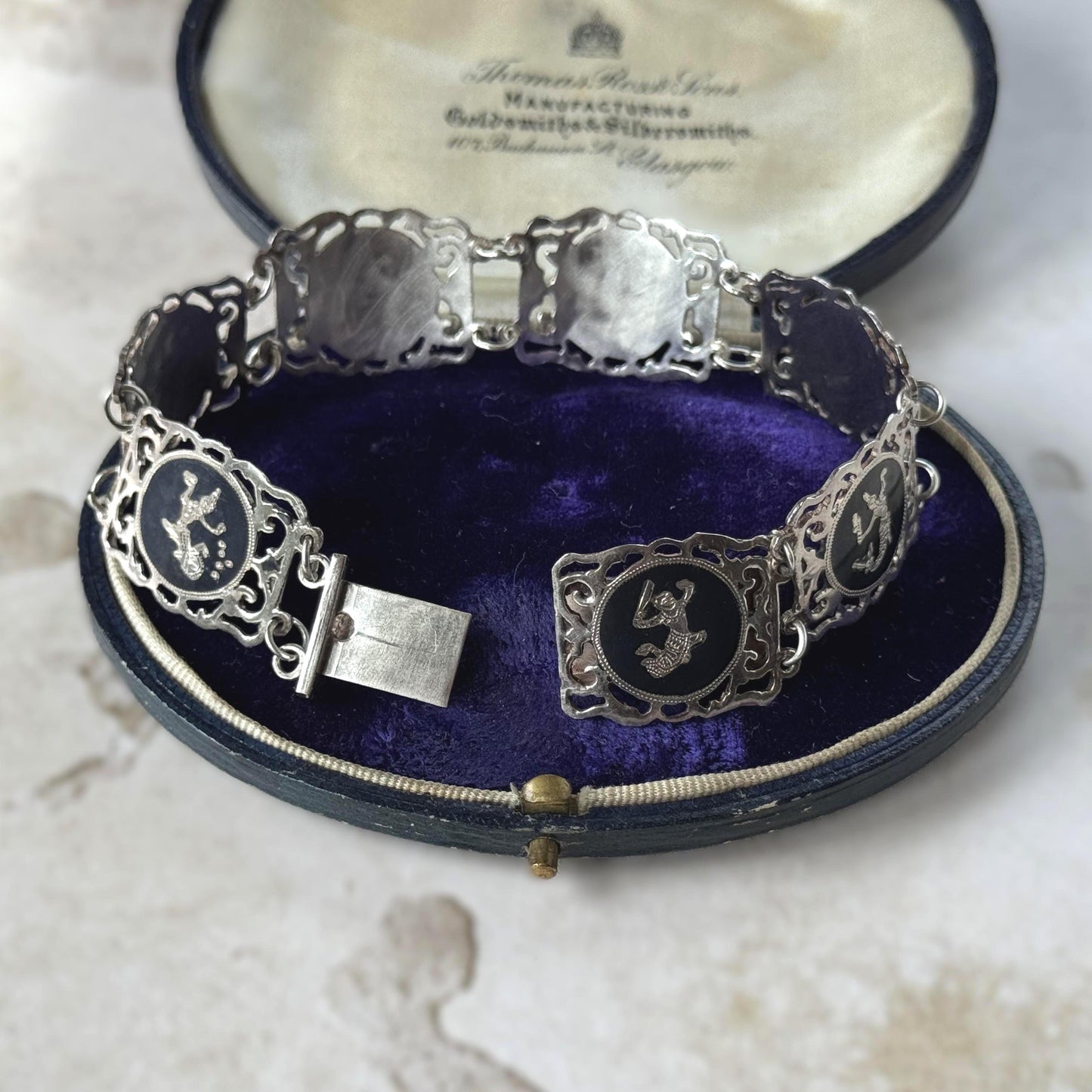 Vintage Siam Sterling Silver Nielloware Panel Bracelet Circa 1940