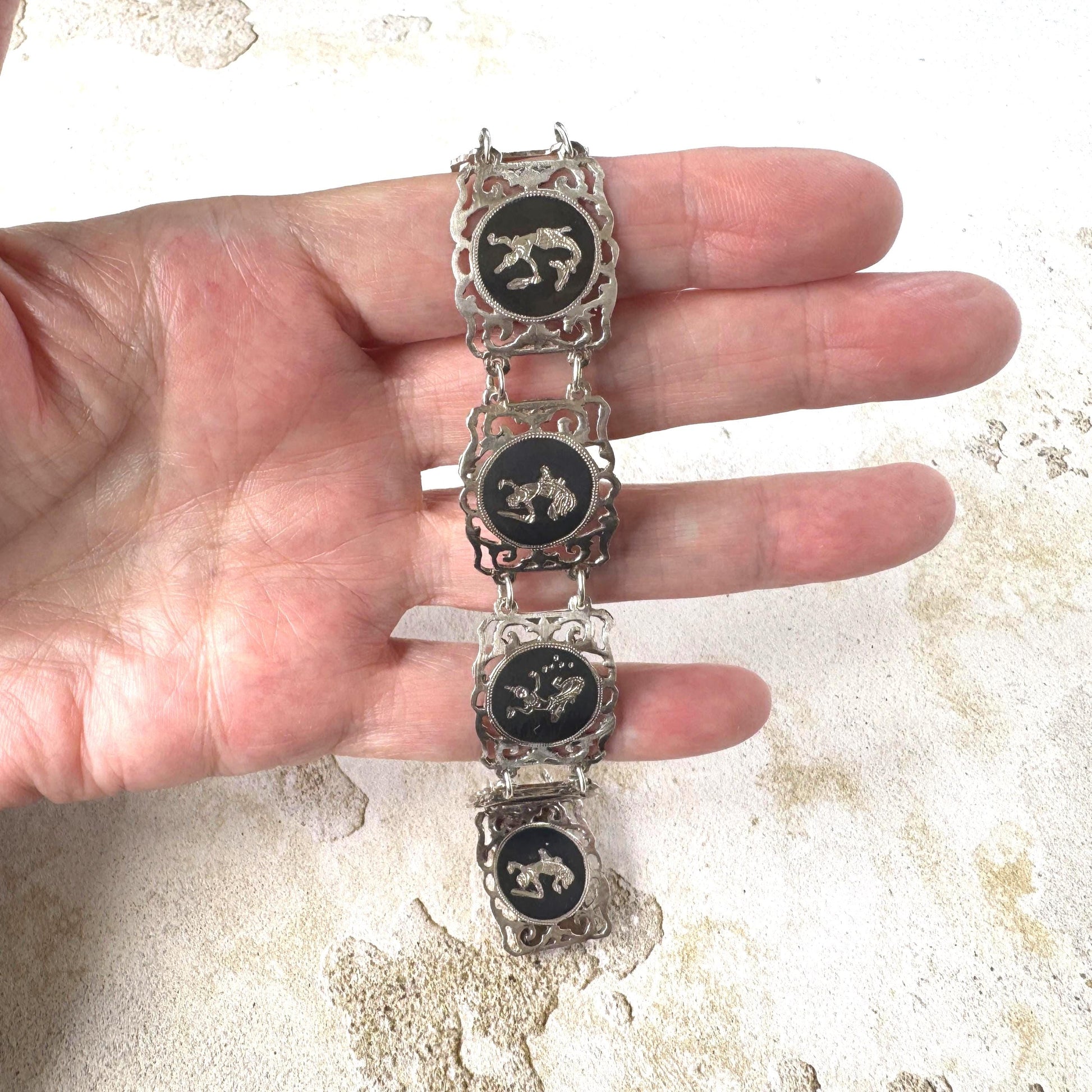 Vintage Siam Sterling Silver Nielloware Panel Bracelet Circa 1940