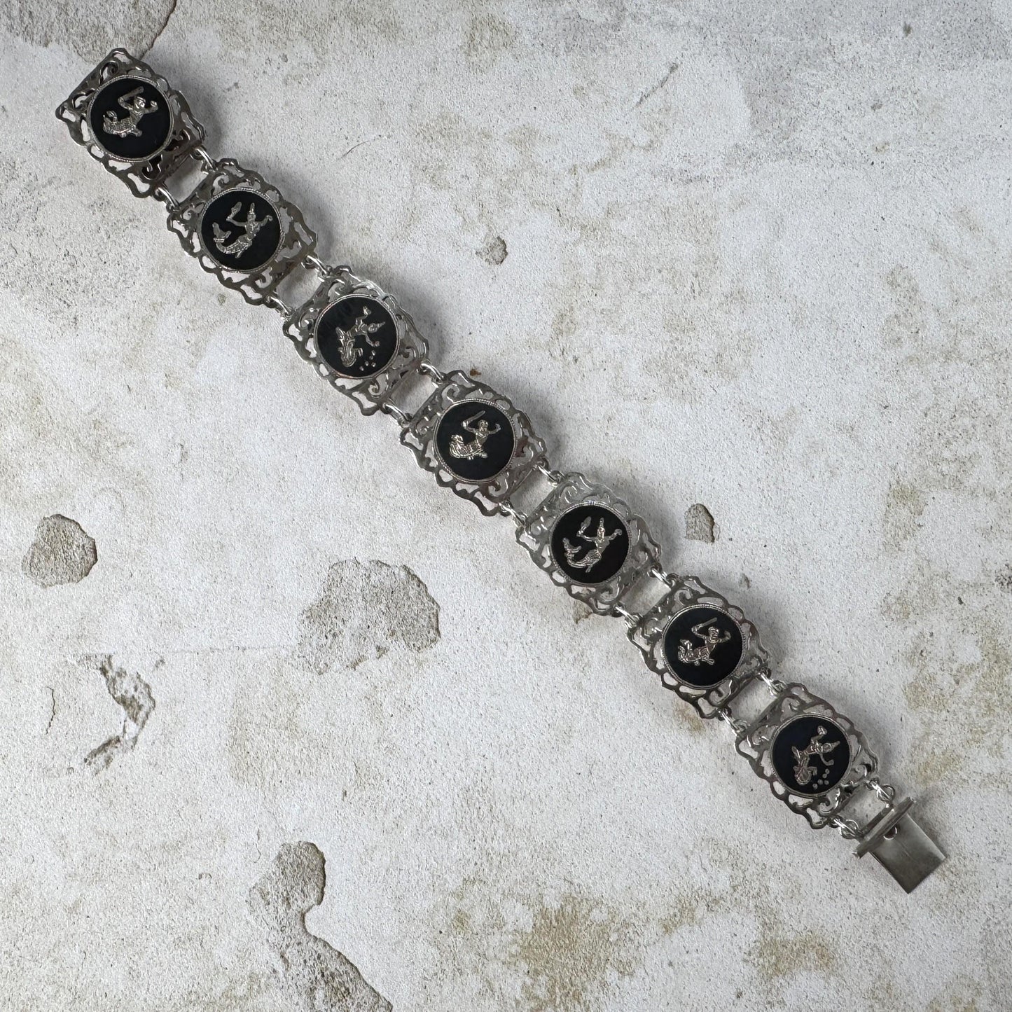 Vintage Siam Sterling Silver Nielloware Panel Bracelet Circa 1940