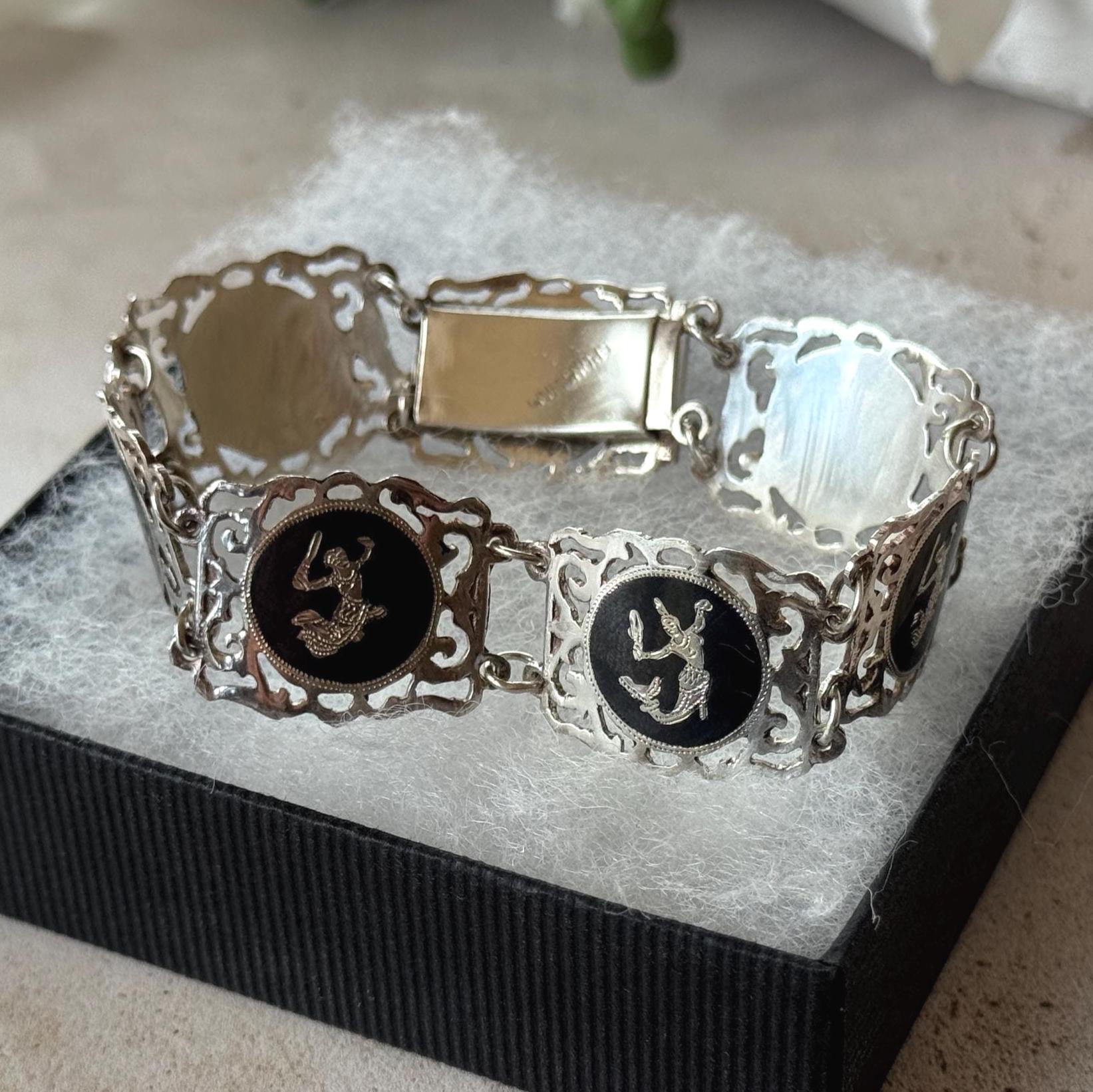 Vintage Siam Sterling Silver Nielloware Panel Bracelet Circa 1940