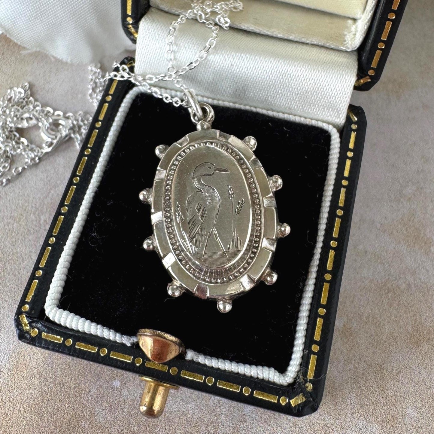 Antique Victorian Crane Pendant | Sterling Silver Aesthetic Japonesque Bird Necklace c1880