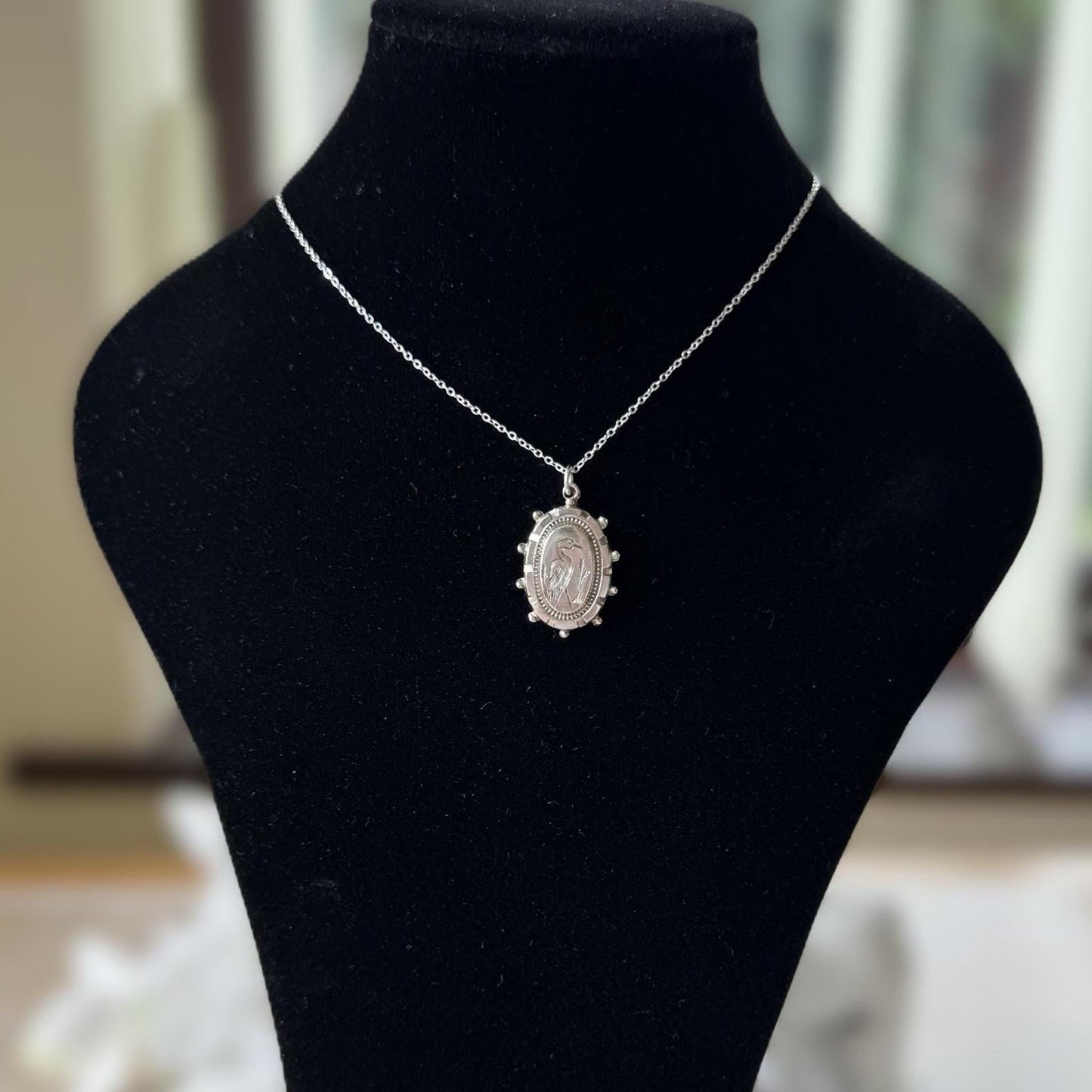 Antique Victorian Crane Pendant | Sterling Silver Aesthetic Japonesque Bird Necklace c1880
