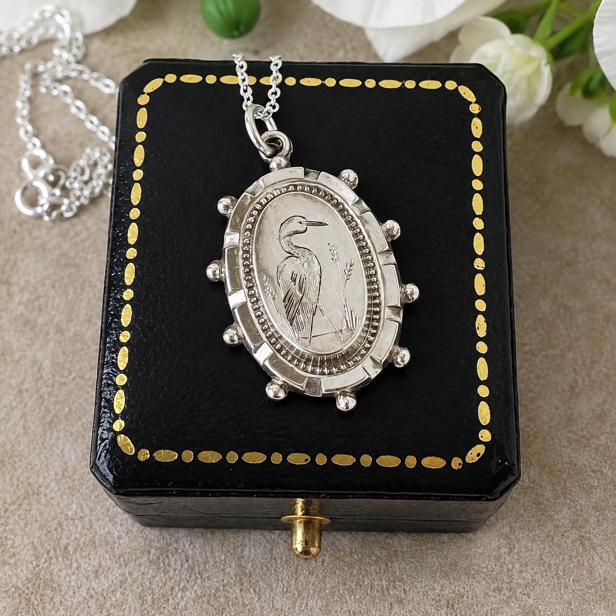Antique Victorian Crane Pendant | Sterling Silver Aesthetic Japonesque Bird Necklace c1880
