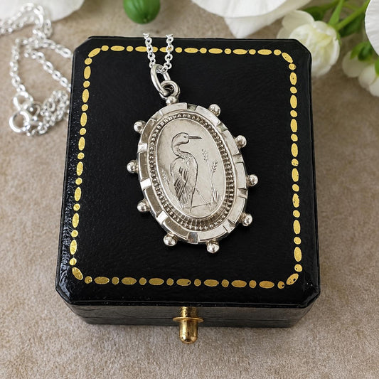 Antique Victorian Crane Pendant | Sterling Silver Aesthetic Japonesque Bird Necklace c1880