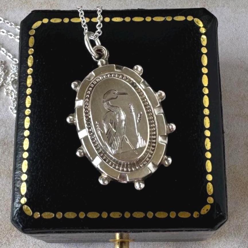 Antique Victorian Crane Pendant | Sterling Silver Aesthetic Japonesque Bird Necklace c1880