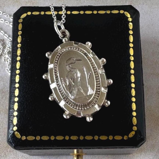 Antique Victorian Crane Pendant | Sterling Silver Aesthetic Japonesque Bird Necklace c1880
