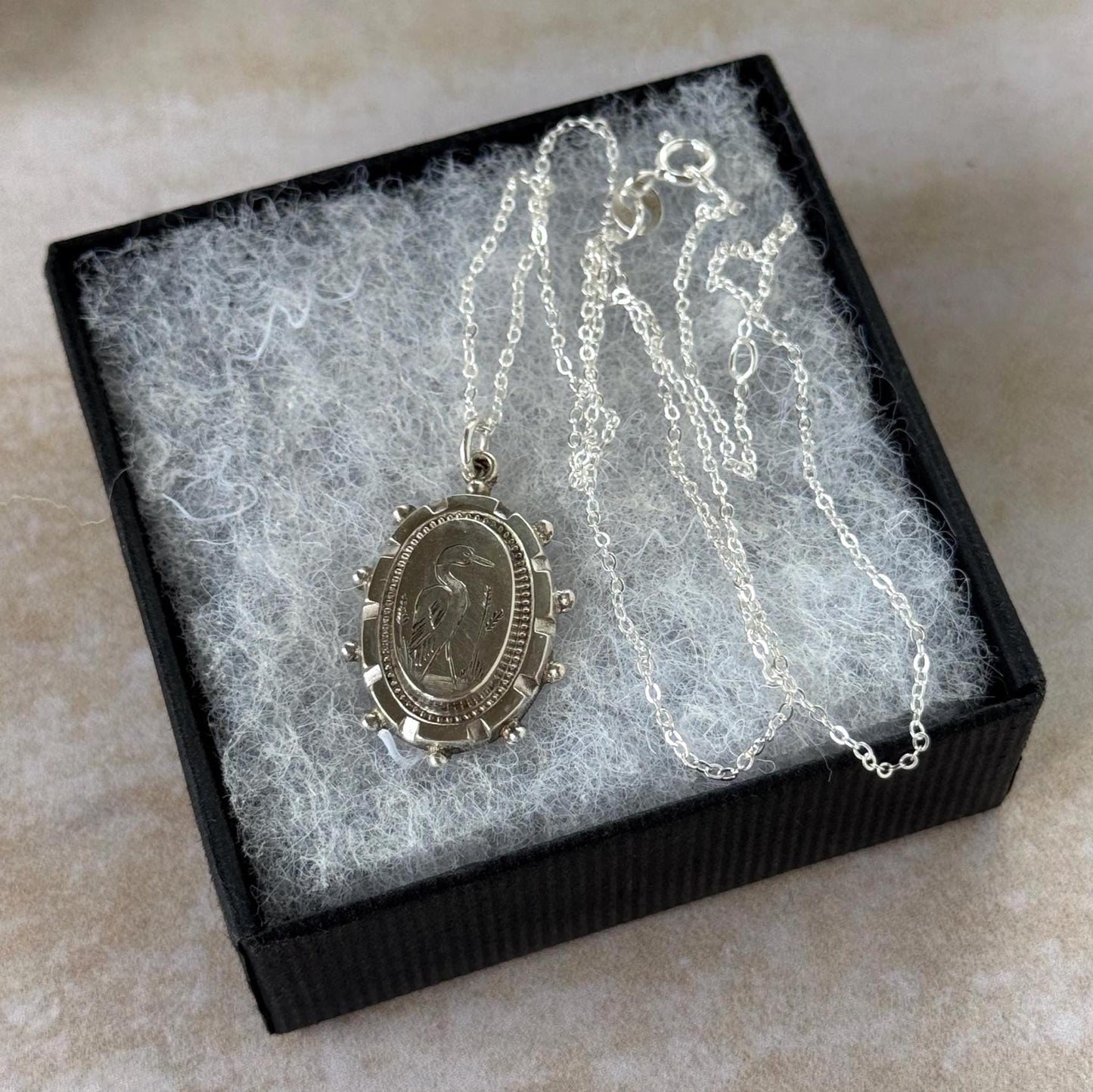 Antique Victorian Crane Pendant | Sterling Silver Aesthetic Japonesque Bird Necklace c1880