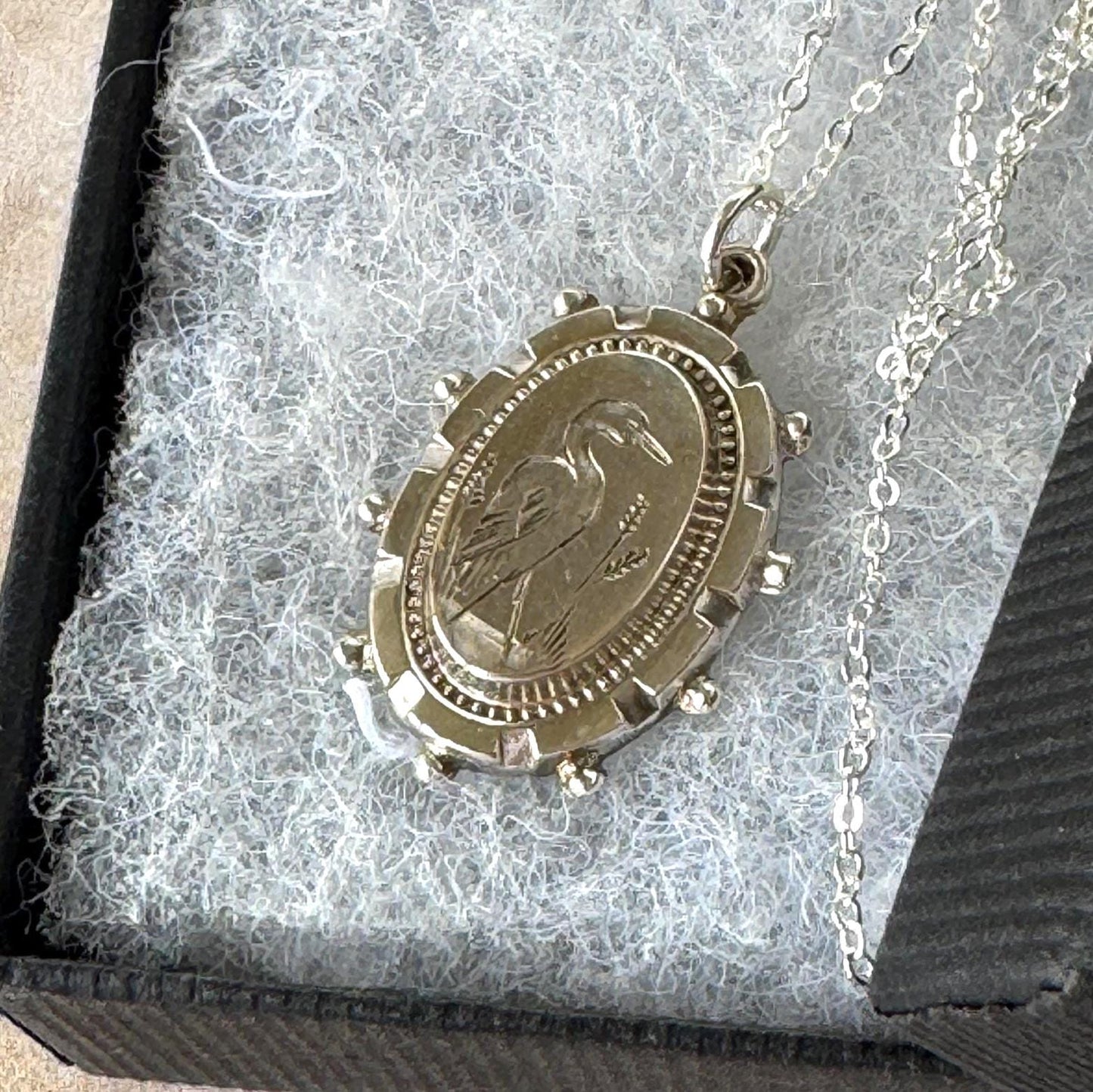 Antique Victorian Crane Pendant | Sterling Silver Aesthetic Japonesque Bird Necklace c1880