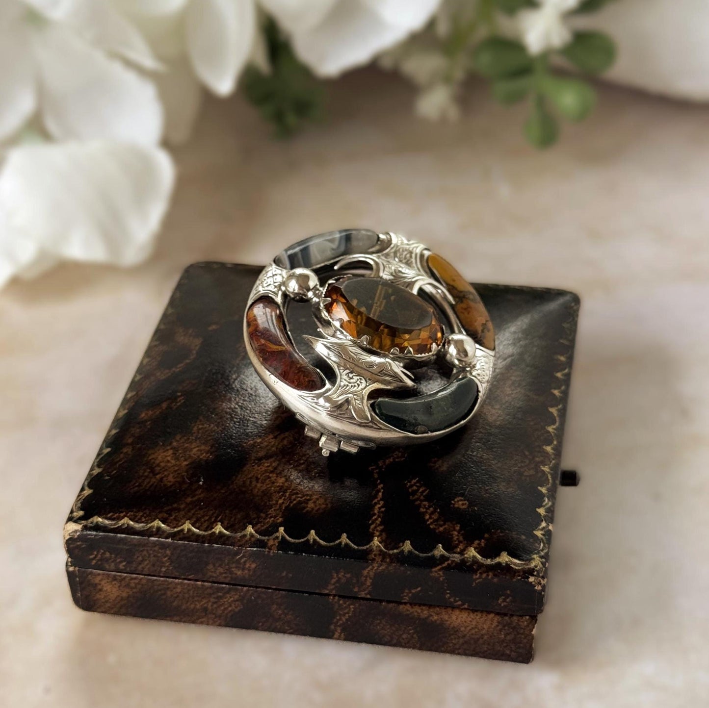 Antique Victorian Scottish Agate Cairngorm Brooch: Gothic Revival Sterling Silver Pebble Jewellery