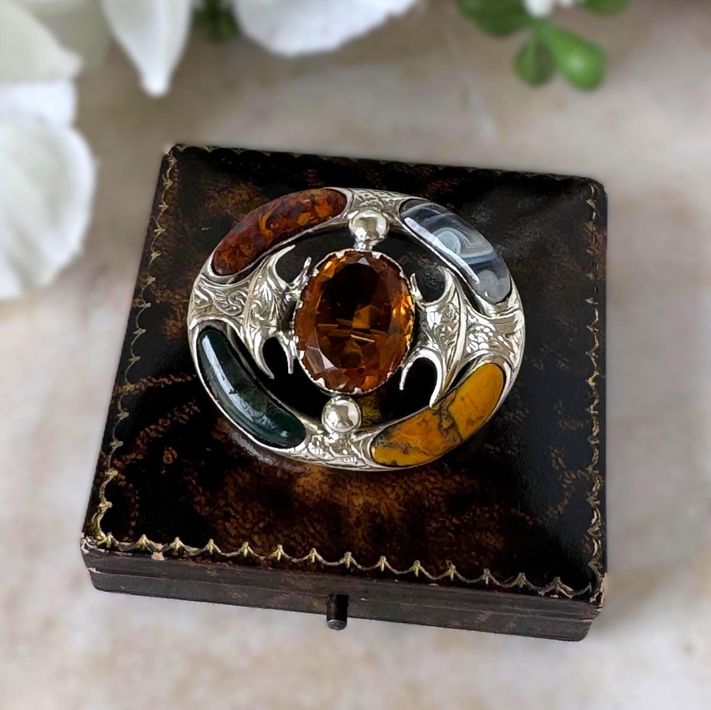 Antique Victorian Scottish Agate Cairngorm Brooch: Gothic Revival Sterling Silver Pebble Jewellery