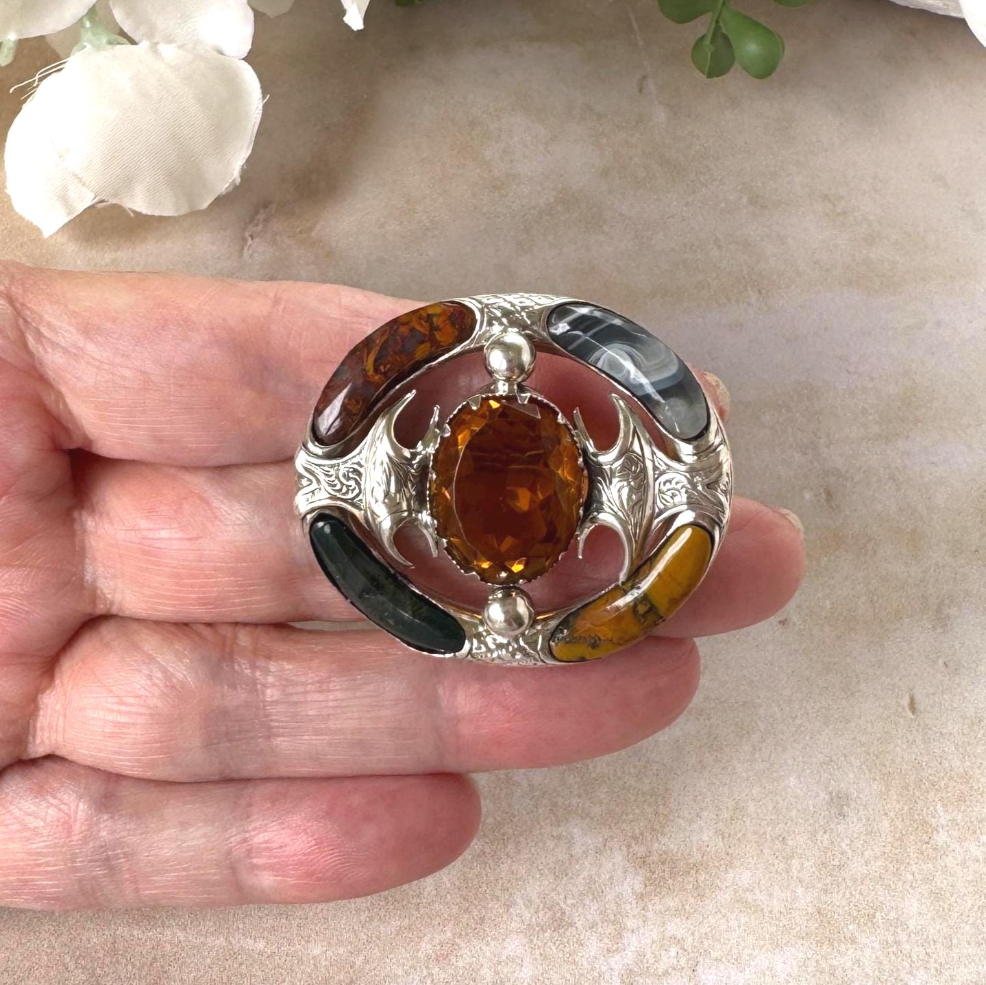 Antique Victorian Scottish Agate Cairngorm Brooch: Gothic Revival Sterling Silver Pebble Jewellery