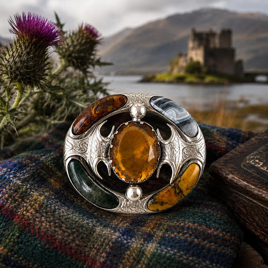 Antique Victorian Scottish Agate Cairngorm Brooch: Gothic Revival Sterling Silver Pebble Jewellery