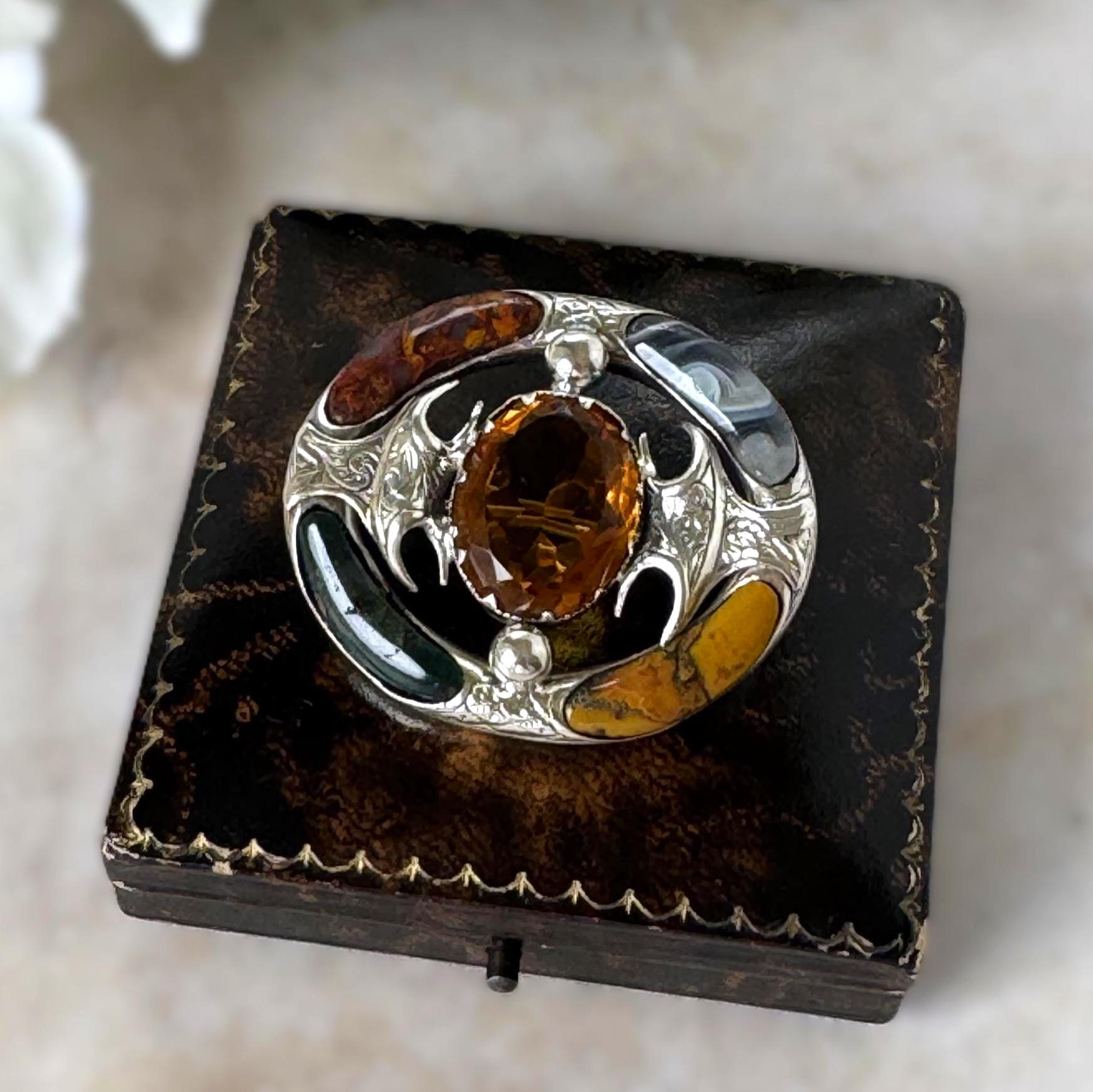 Antique Victorian Scottish Agate Cairngorm Brooch: Gothic Revival Sterling Silver Pebble Jewellery